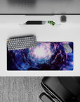 Deep indigo and smoky blue 28x12 inches mouse pad with soft lavender mist for a late-night galaxy mood.