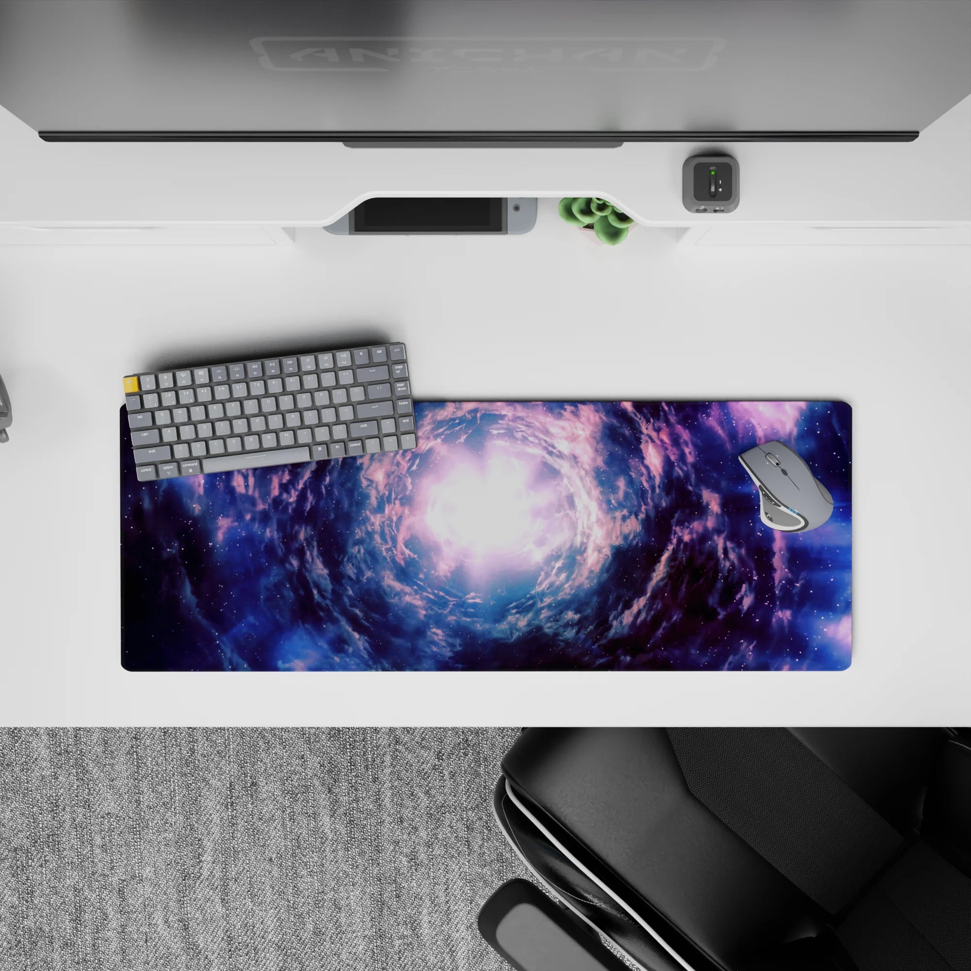 Indigo, smoky blue, and lavender mist mood mouse pad 32x12 inches for a late-night galaxy vibe.