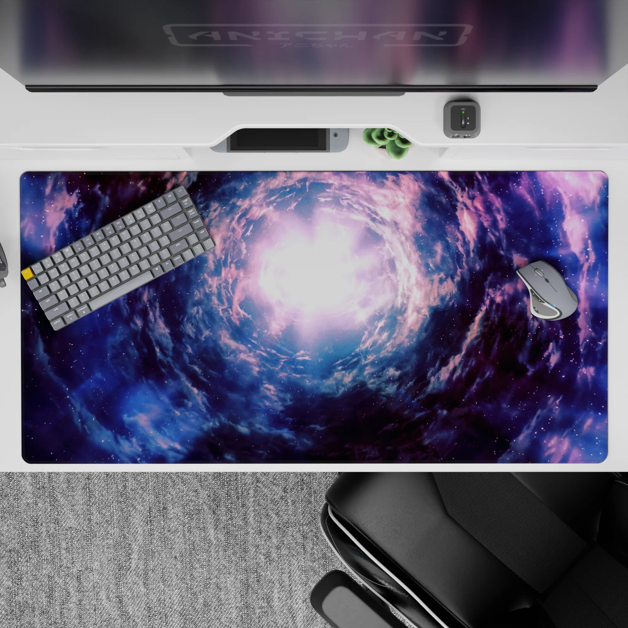 Indigo, smoky blue, and lavender mist desk pad 40x20 inches with dreamy late-night galaxy mood.