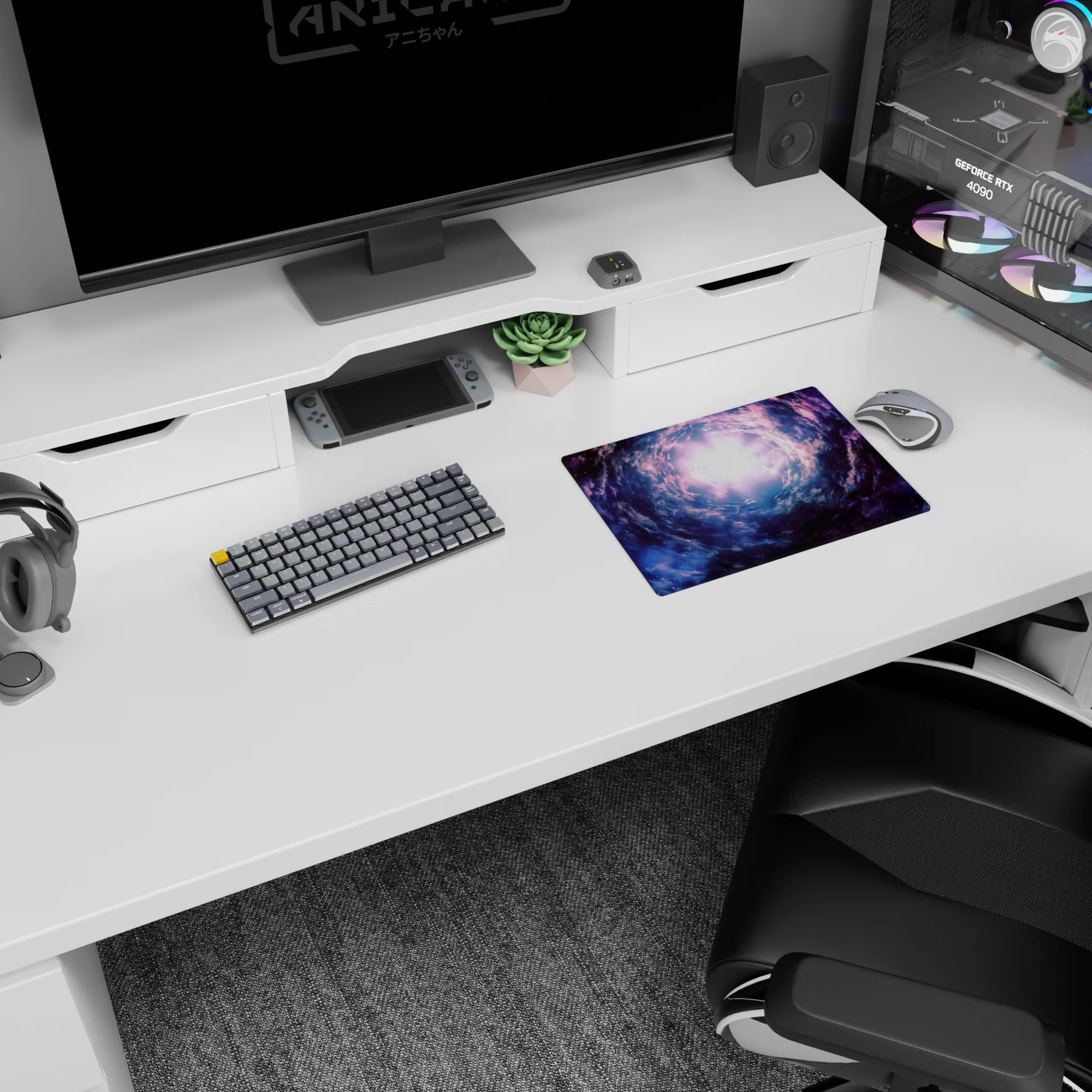 Cosmic vortex spiraling to a bright dreamy core mouse pad, classic 14x10 inches, portal-like scene.