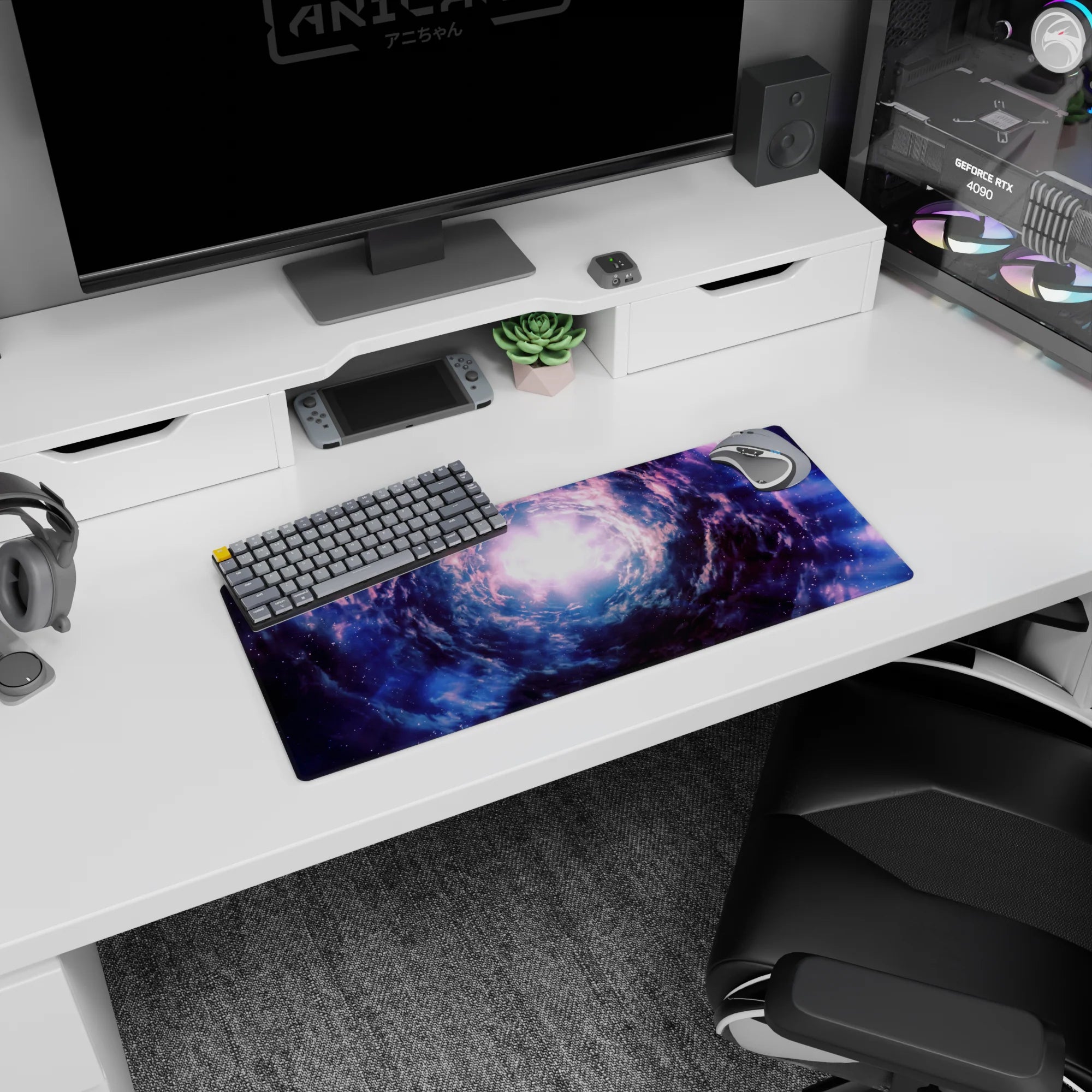 Portal-like spiral nebula scene mouse pad, 28x12 inches, swirling toward a glowing center with starlit shadows.