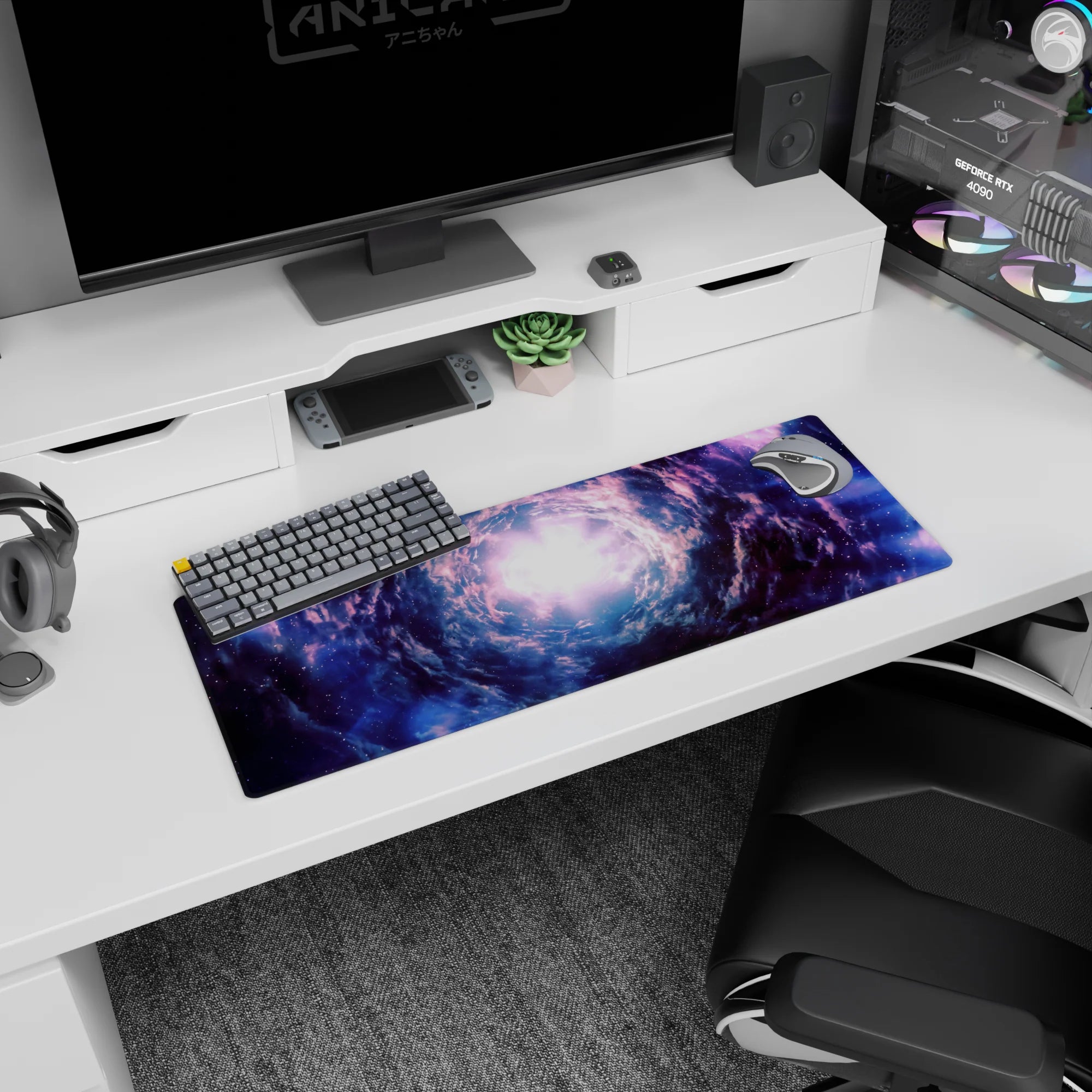 Spiraling space vortex toward a bright dreamy core mouse pad 32x12 inches, like a portal on your desk.