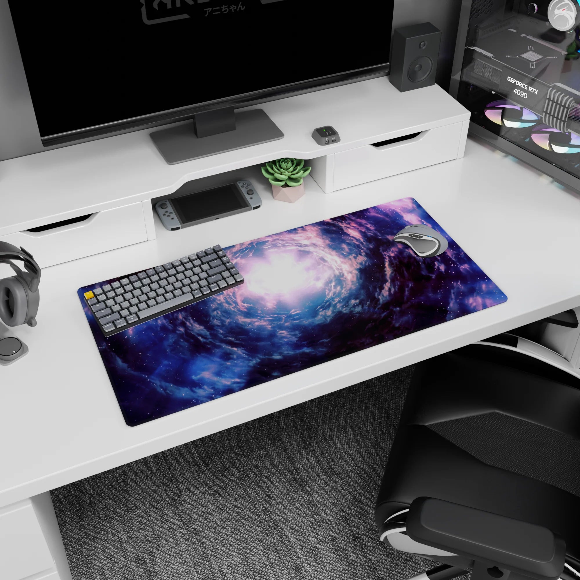Spiraling nebula vortex toward a bright core mouse pad 32x16 inches like a portal on your desk.