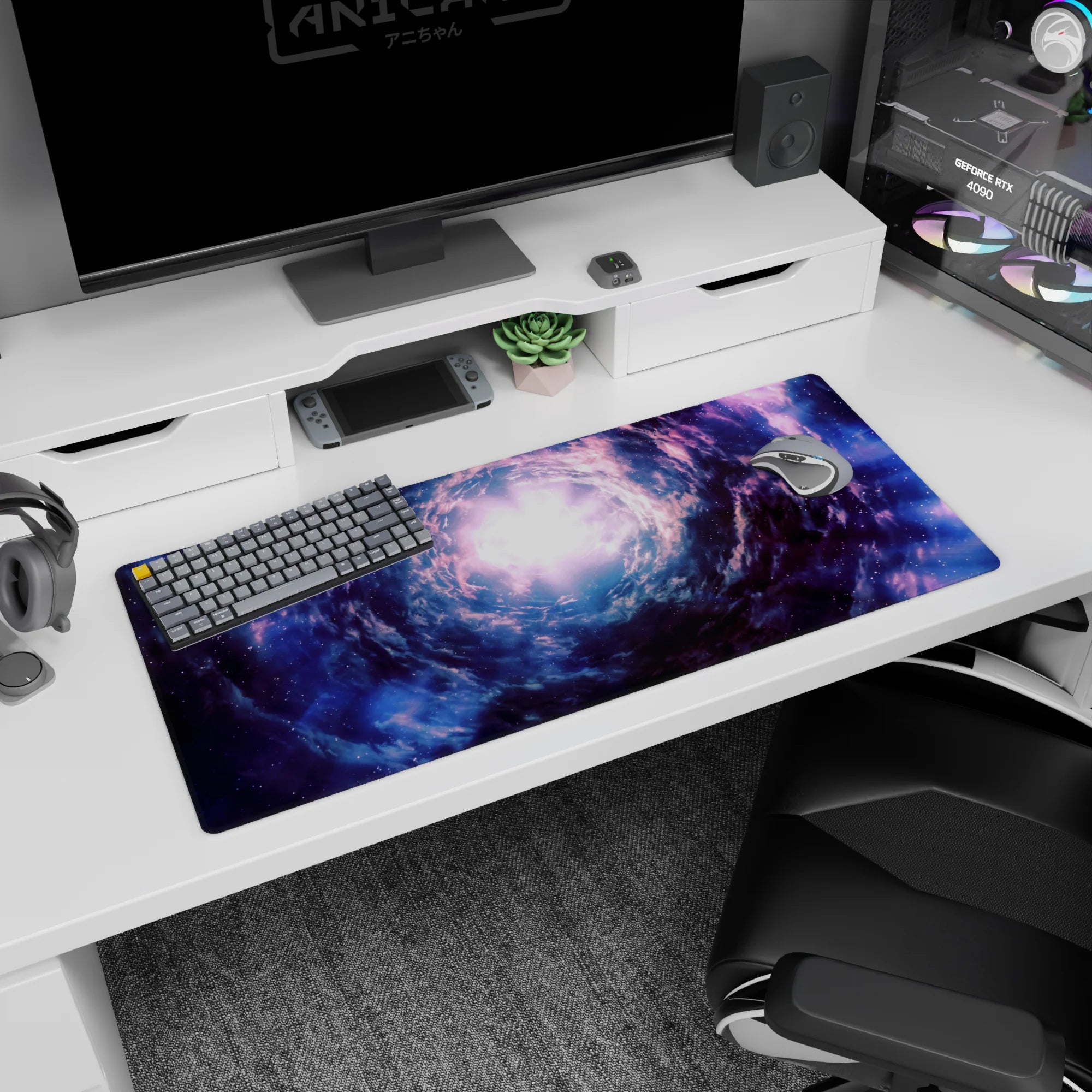 Portal-like spiral vortex toward a bright core desk pad, 36x16 inches, like a galaxy opening on your desk.