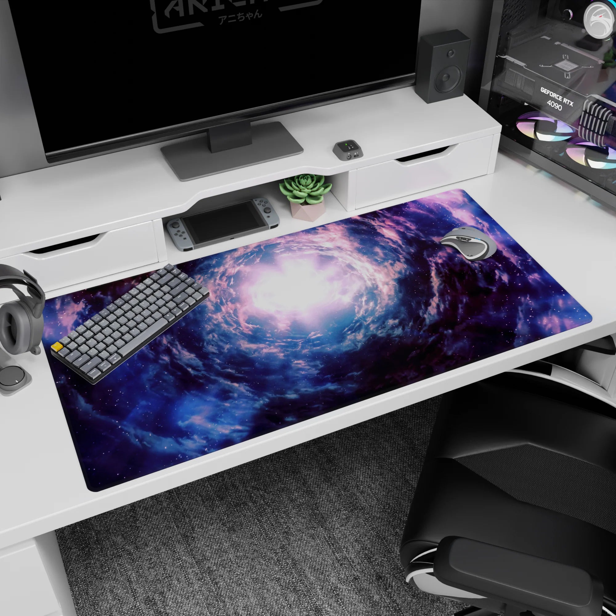 Portal-like spiral toward a bright core desk pad 40x20 inches with nebula clouds and scattered stars.