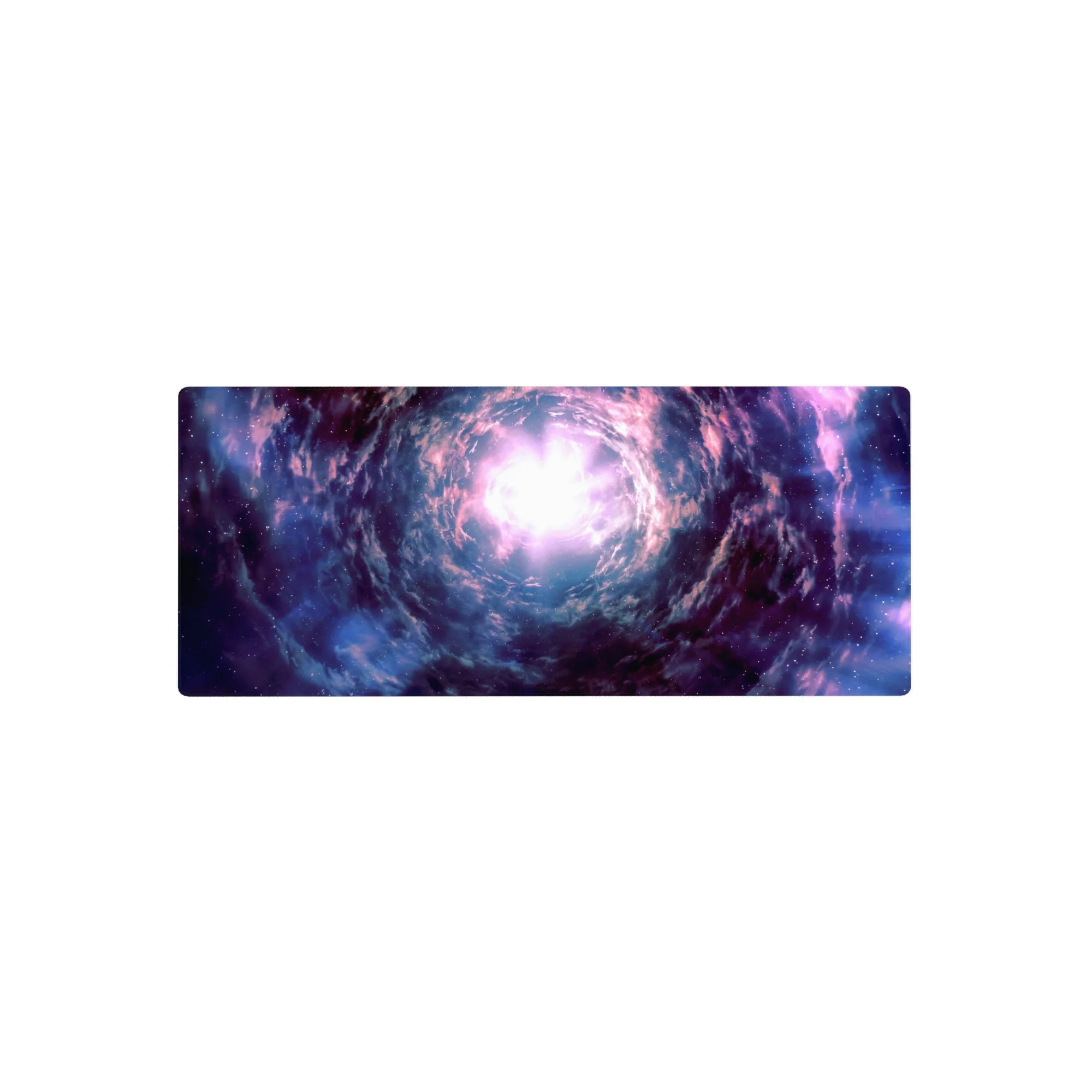 Cosmic whirlpool galaxy desk mouse pad, 28x12 inches, with star-speckled clouds and a bright core.