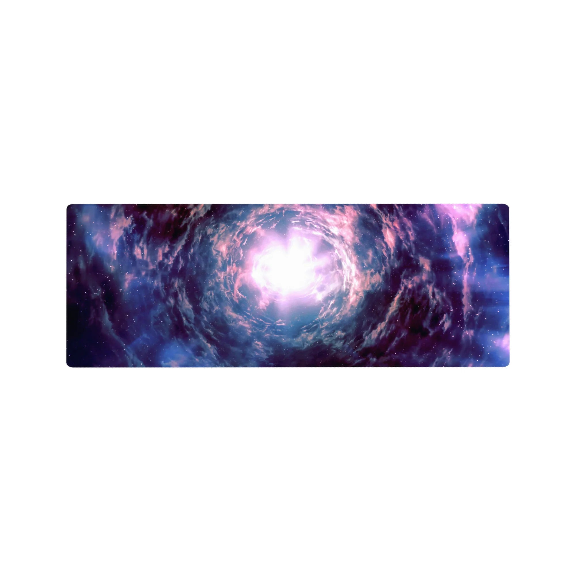 Cosmic whirlpool galaxy desk mouse pad 32x12 inches with star-speckled shadows and cloudy streaks.