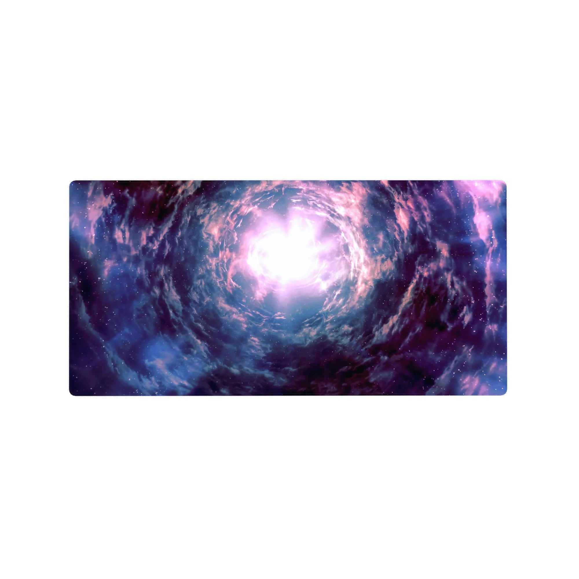 Cosmic whirlpool galaxy desk mouse pad 32x16 inches with star-speckled shadows and misty streaks.