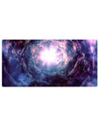 Cosmic whirlpool galaxy desk mouse pad 32x16 inches with star-speckled shadows and misty streaks.