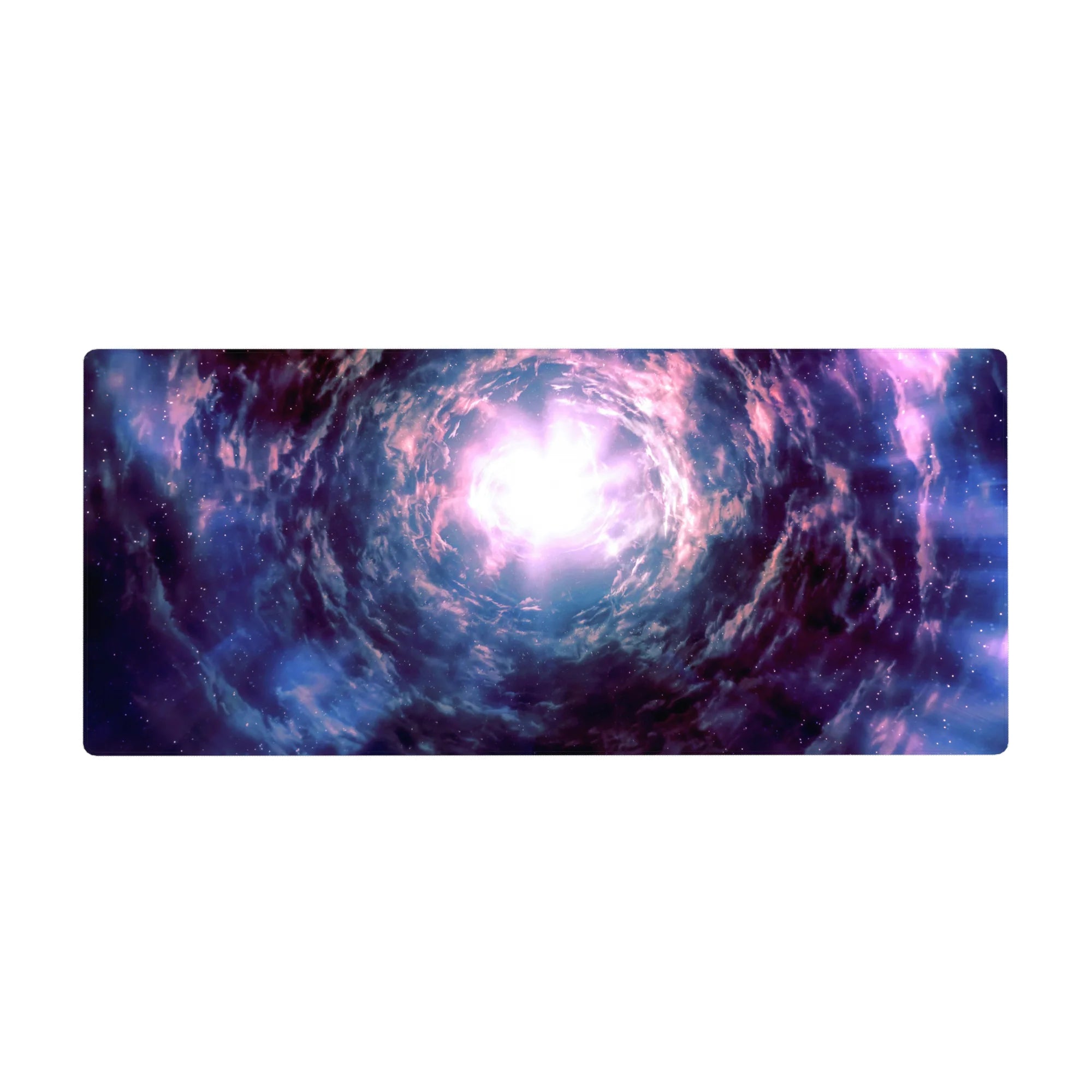 Cosmic whirlpool galaxy desk pad, 36x16 inches, with star-speckled shadows and cloudy streaks.