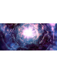 Cosmic whirlpool galaxy desk pad, 36x16 inches, with star-speckled shadows and cloudy streaks.