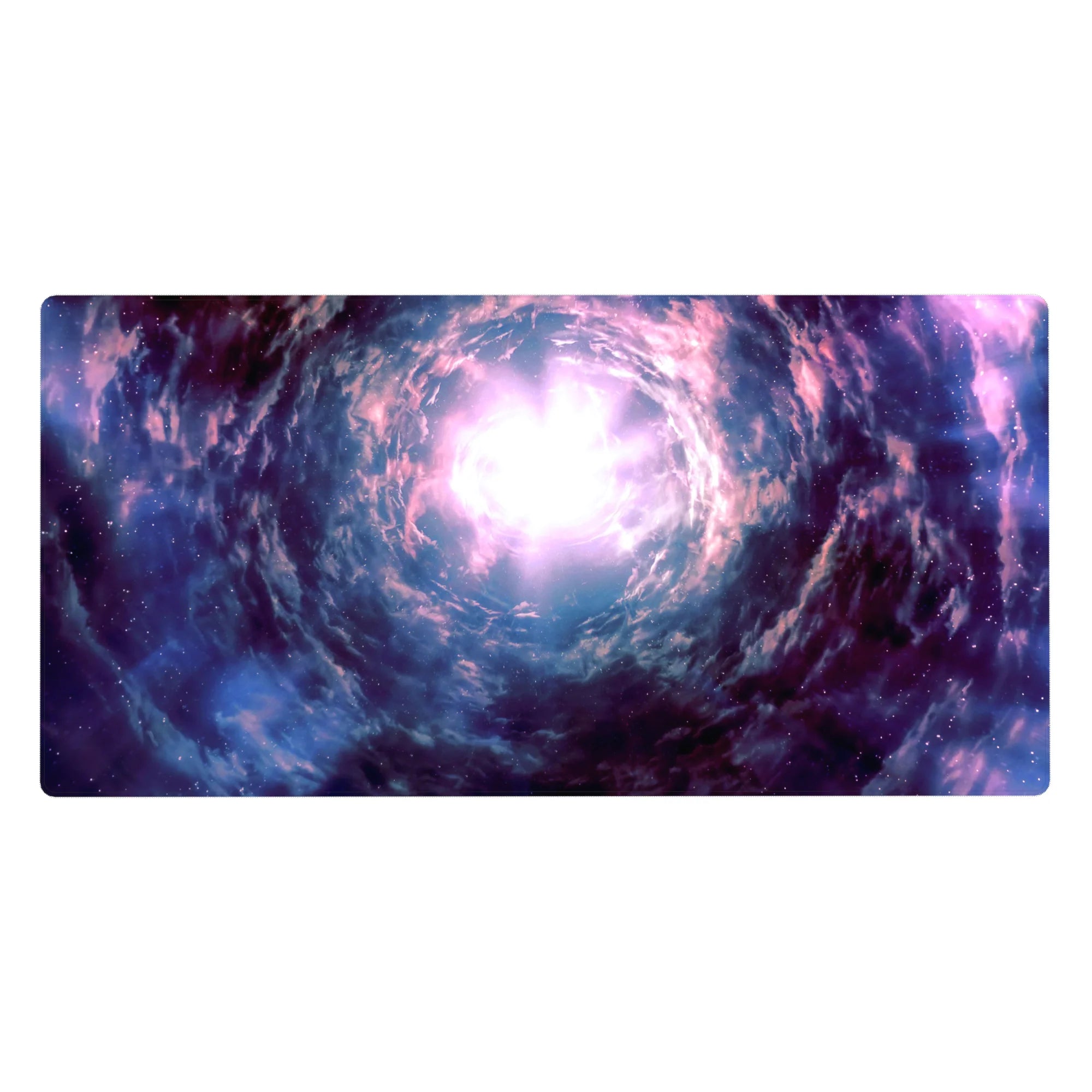 Cosmic whirlpool galaxy desk pad 40x20 inches with swirling nebula art and star-speckled shadows.