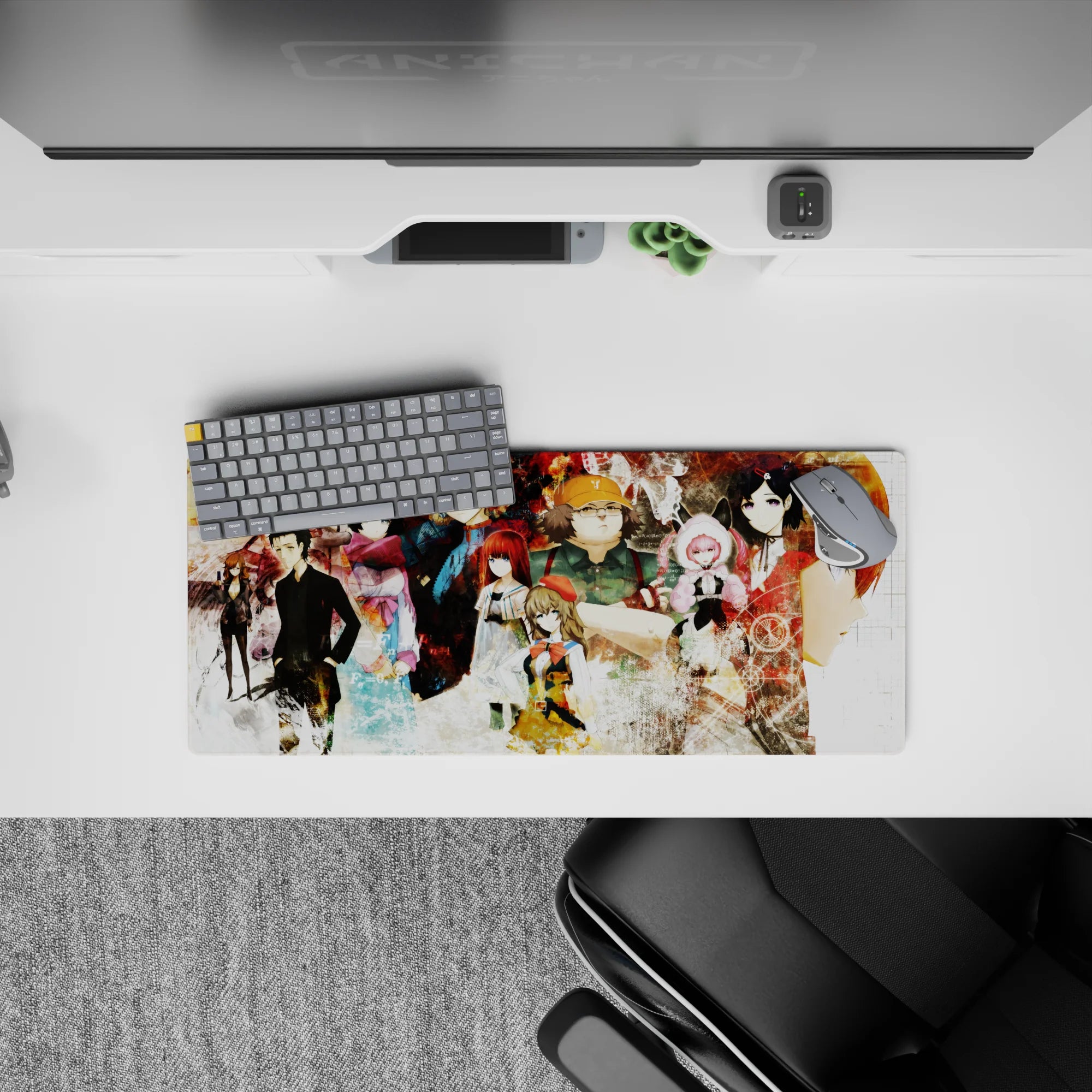 28x12 inches anime mouse pad in rust reds and smoky creams, gritty late-night lab mood with sharp stares.