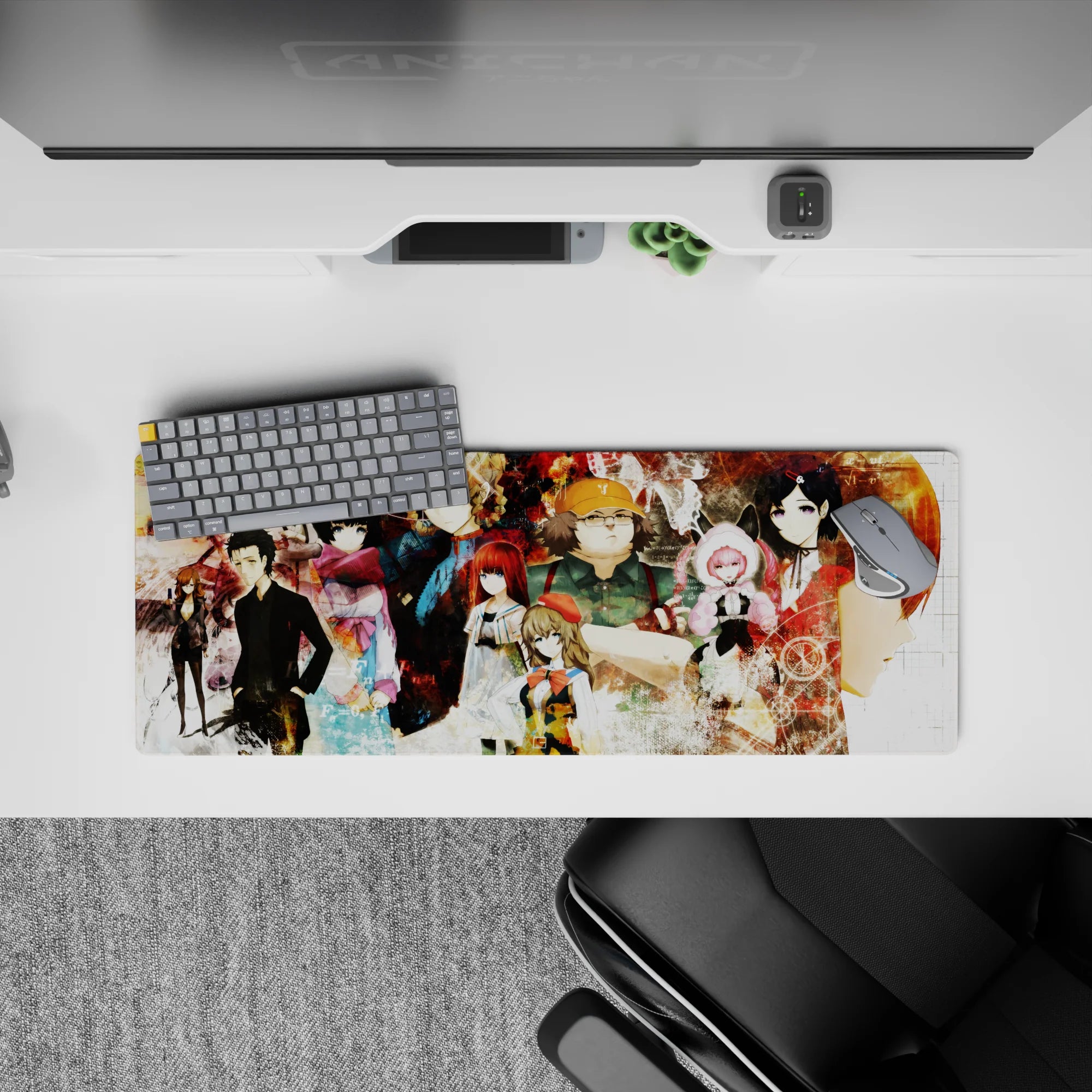 32x12 inches anime mouse pad in rust reds and smoky creams, gritty late-night lab mood.