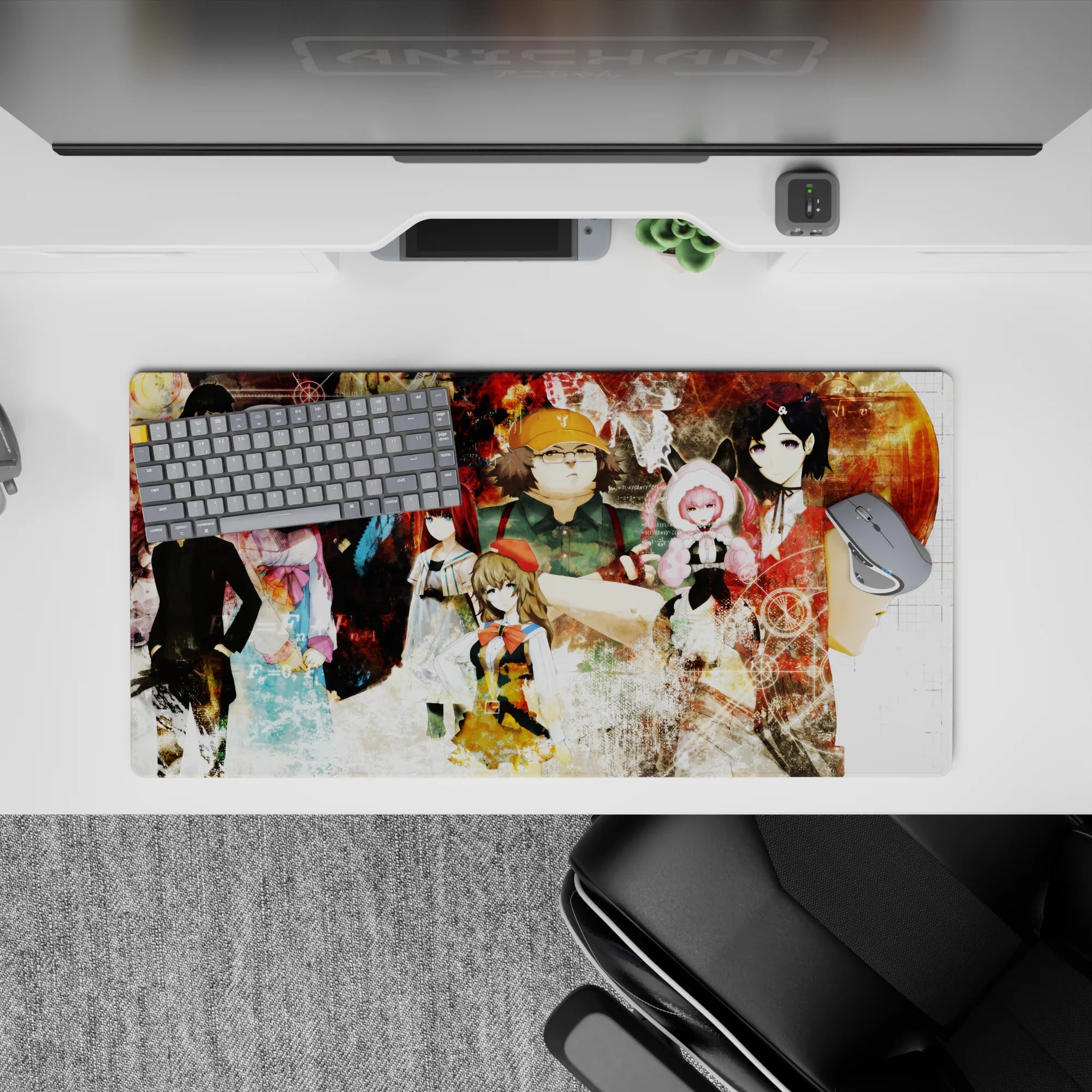 32x16 inches anime mouse pad in warm rust reds and smoky creams, gritty lab vibe with late-night intensity.