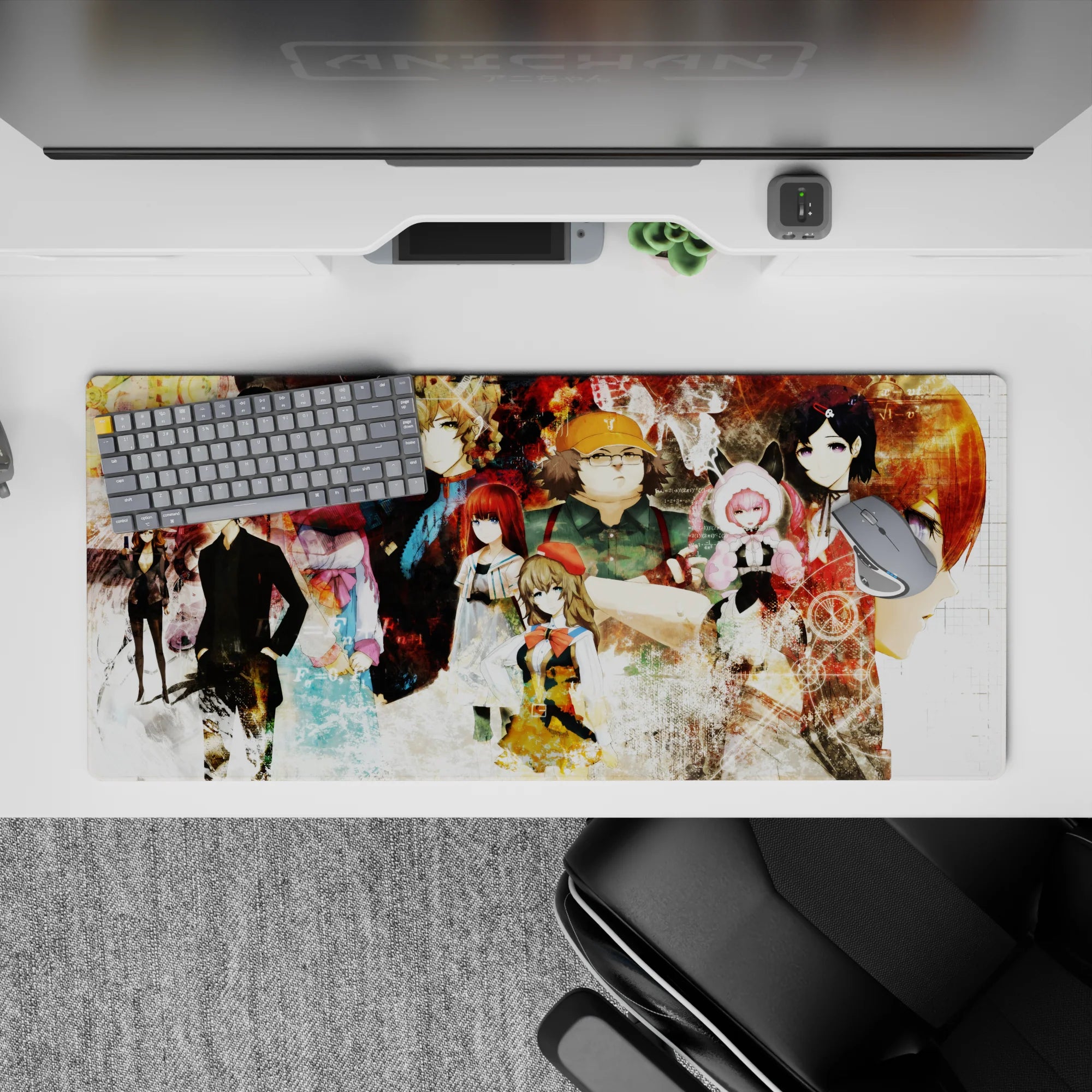 Rust red and smoky cream 36x16 inches anime desk pad, gritty late-night lab mood and quiet stares.
