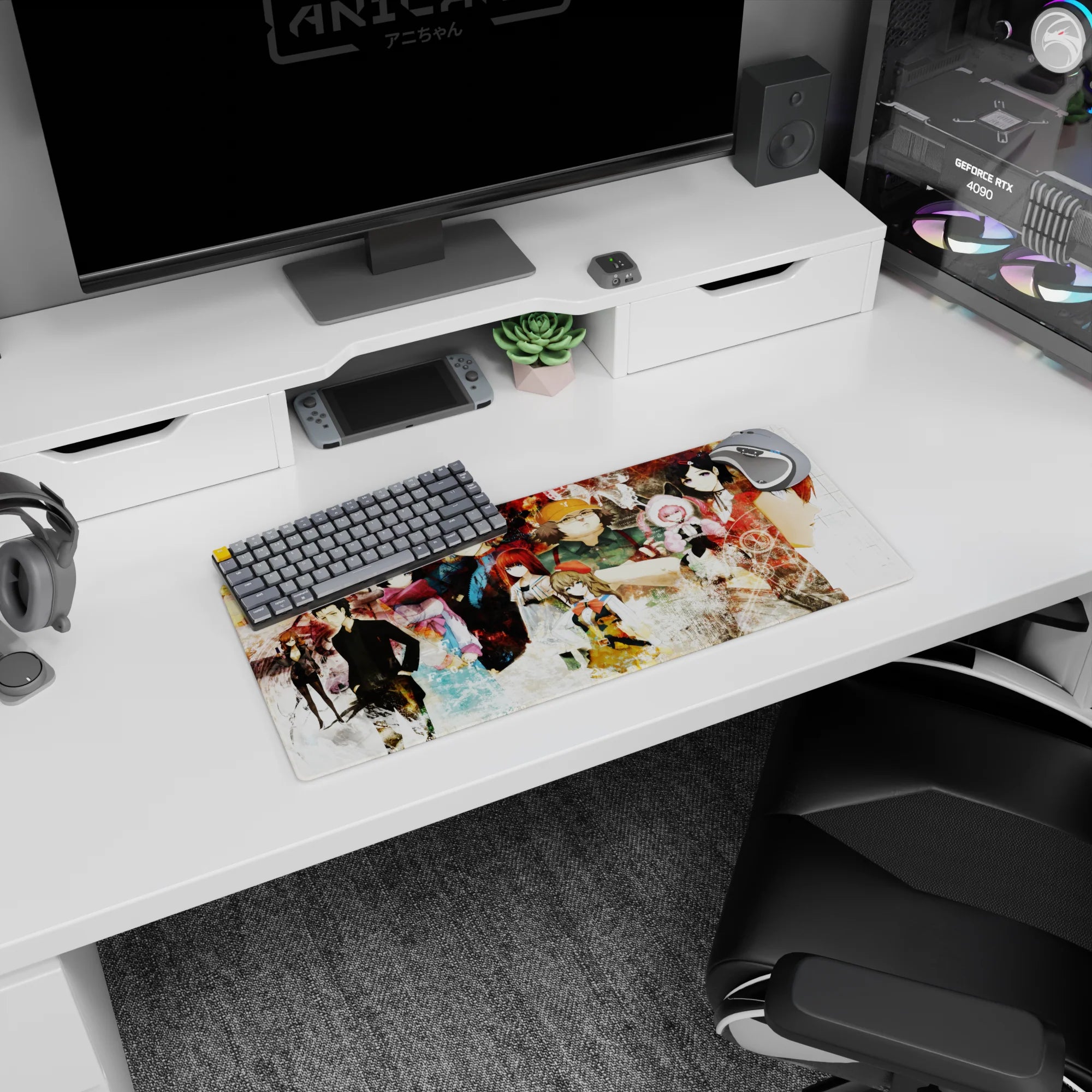 28x12 inches anime mouse pad featuring stern black-clad scientist, pink-hat girl, and hoodie figure in a lab collage.