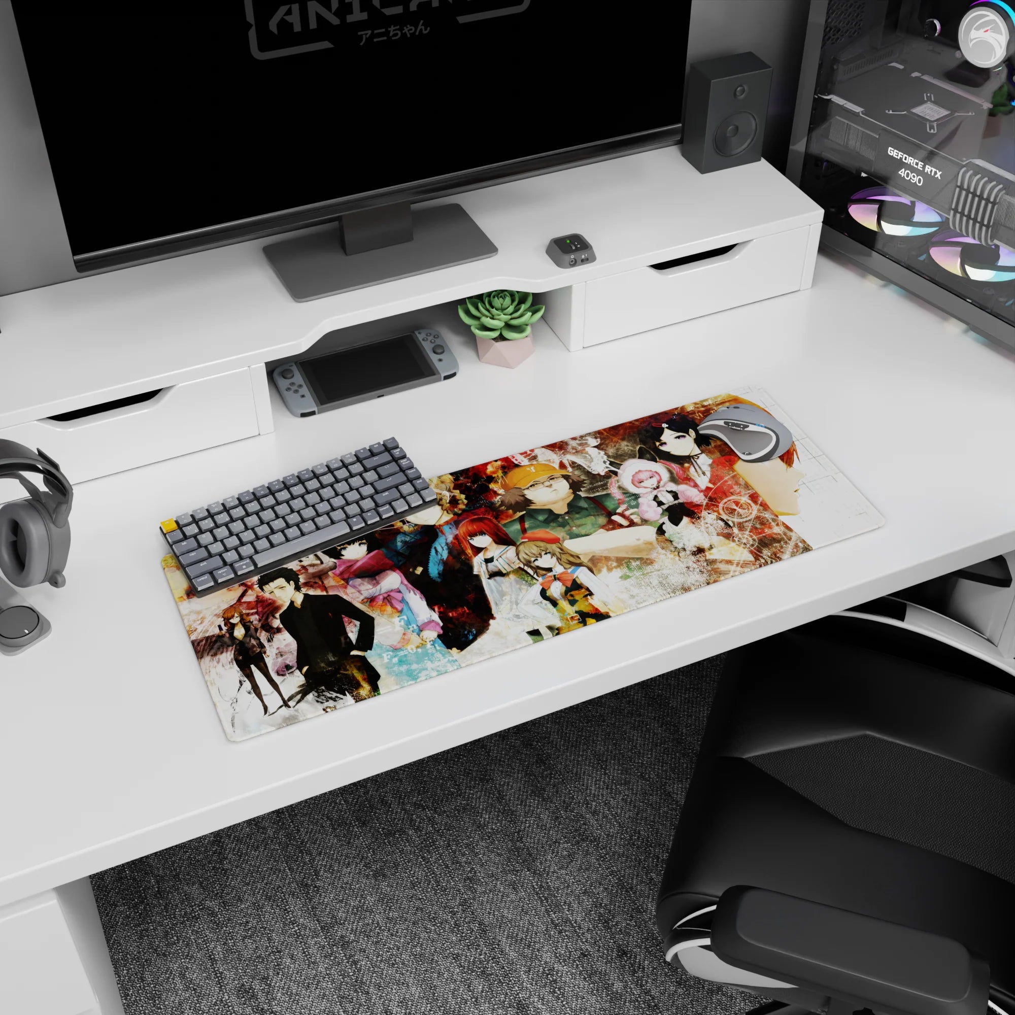 32x12 inches anime mouse pad showing stern scientist, pink-hat girl, and hoodie figure amid chaos.