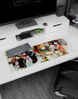 32x12 inches anime mouse pad showing stern scientist, pink-hat girl, and hoodie figure amid chaos.