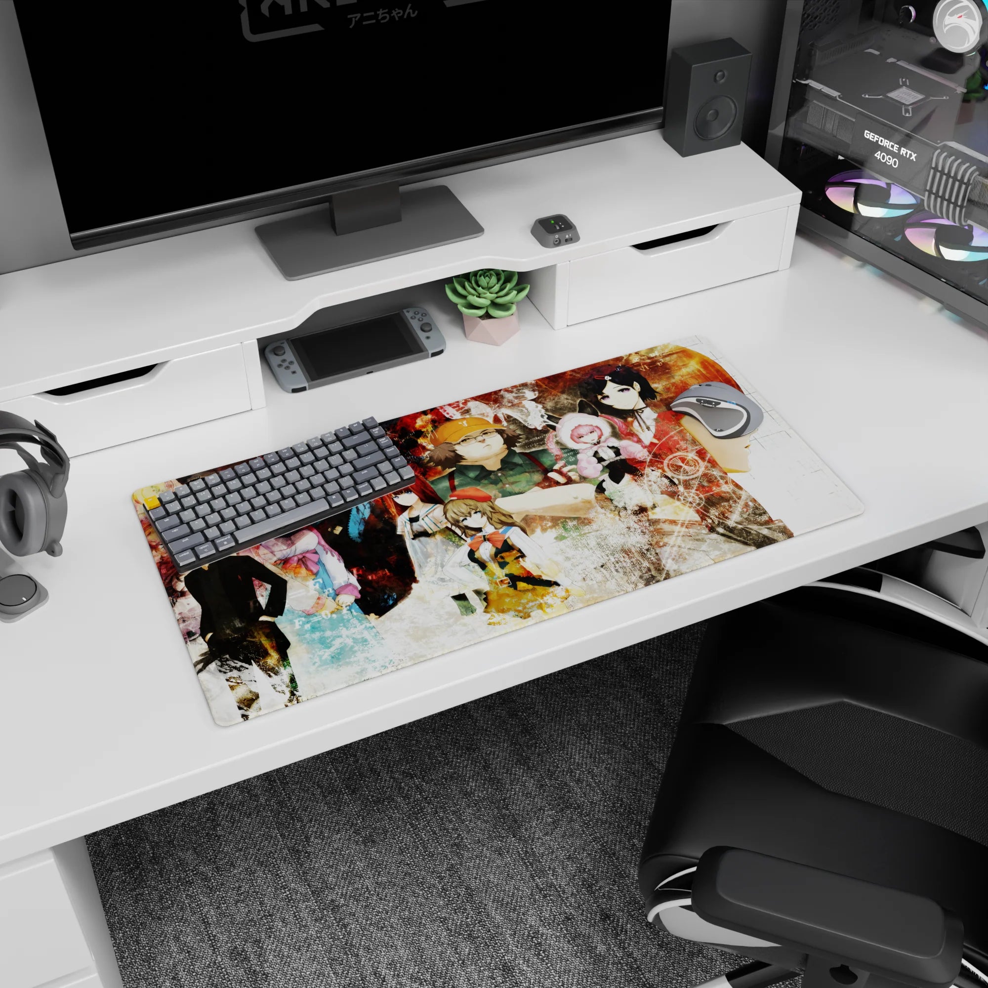 32x16 inches anime mouse pad featuring stern black-clad scientist, pink-hat girl, and hoodie figure in a lab collage.