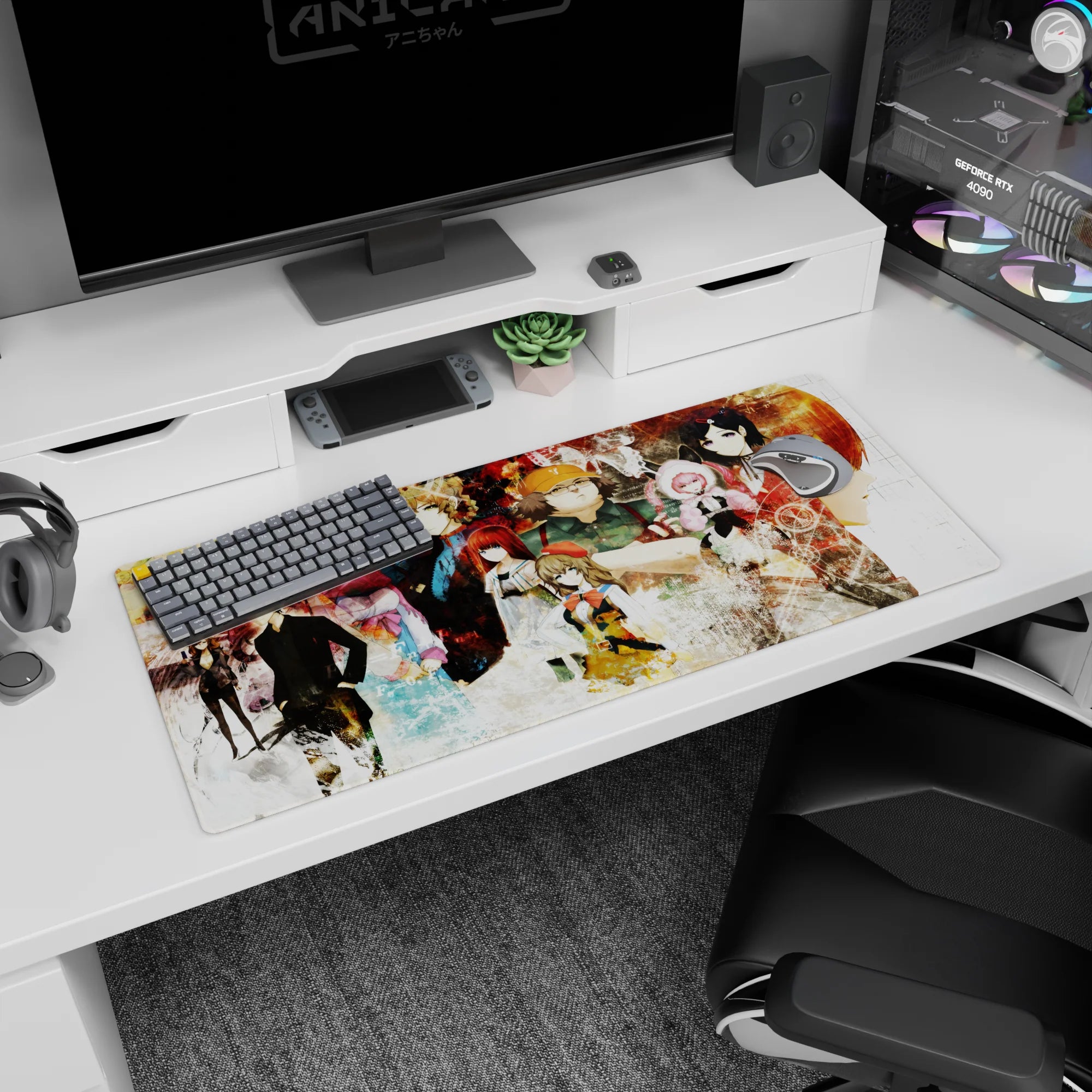 36x16 inches anime desk pad featuring stern scientist in black with girl in pink hat and hooded figure.