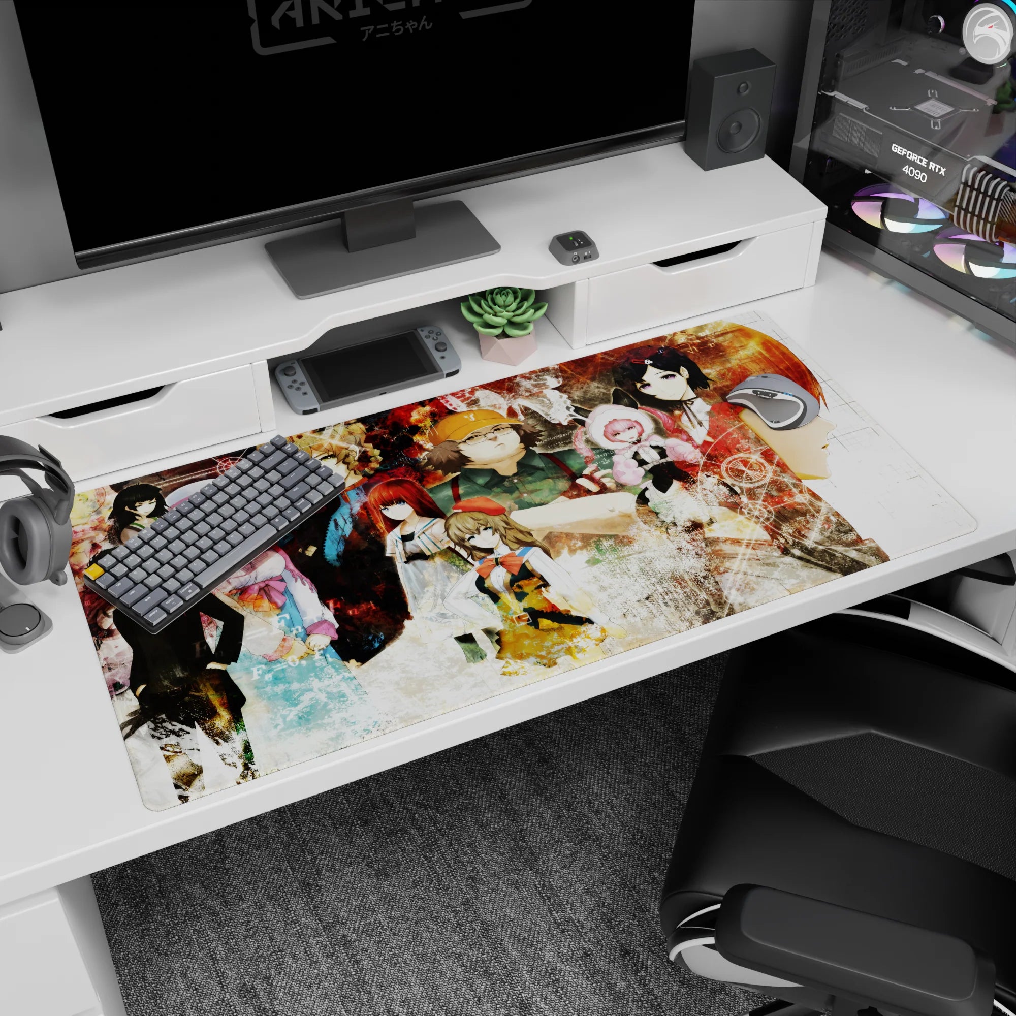 Stern black-clad scientist beside girl in pink hat on a 40x20 inches anime desk pad with scribbled formulas.