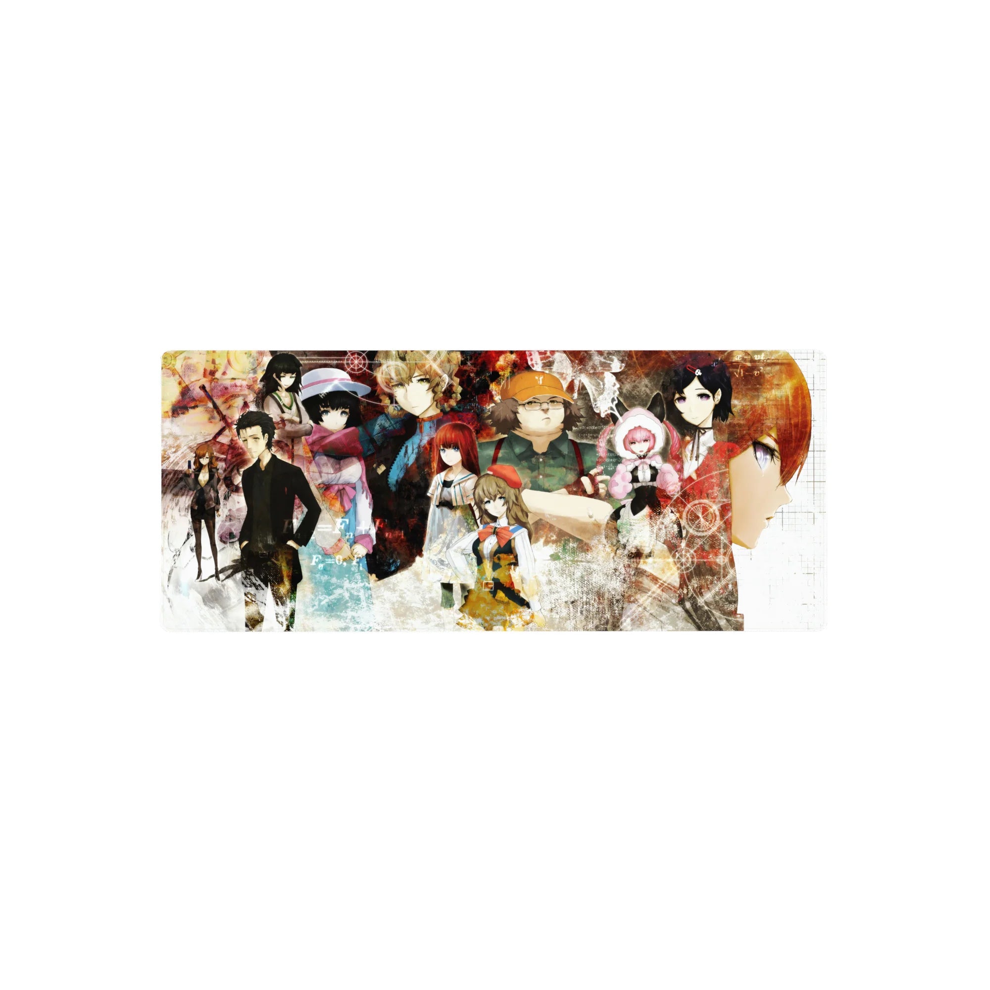 28x12 inches anime mouse pad with scientist collage, gears, equations, glitch textures, and bold profiles.