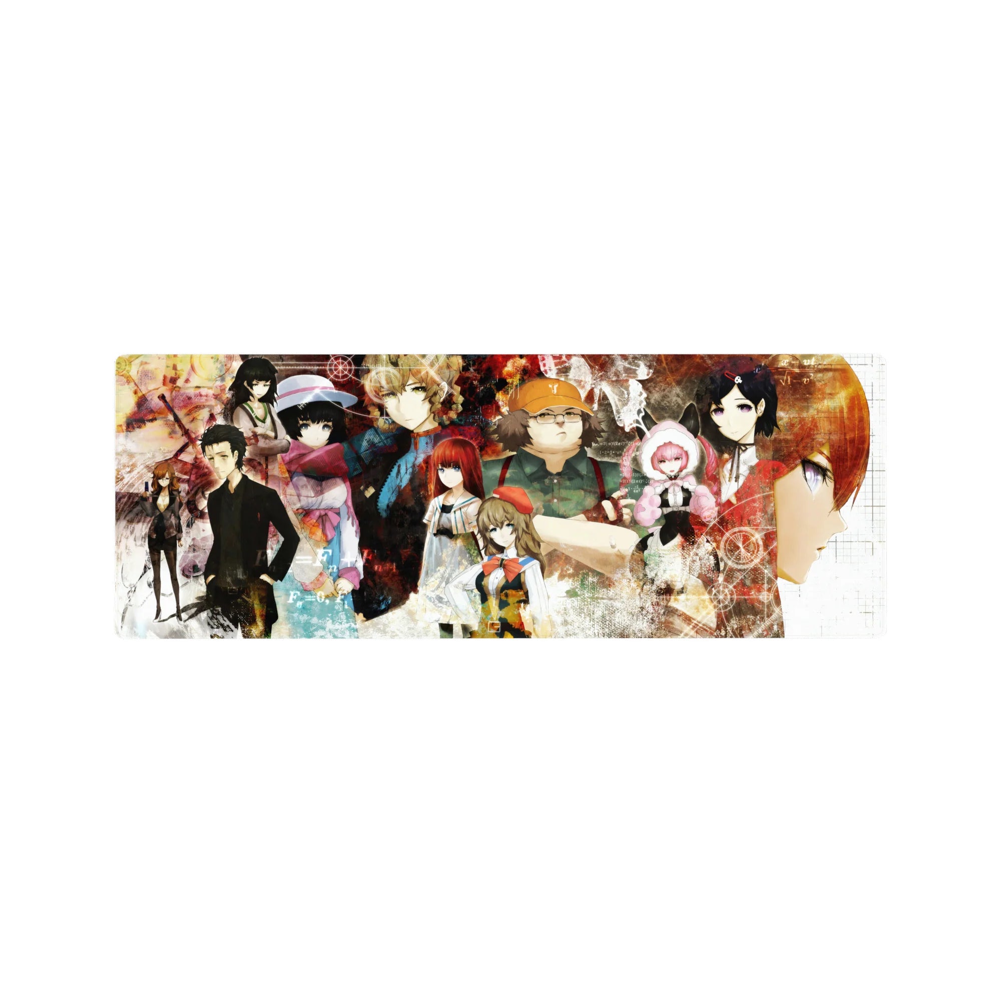 32x12 inches anime mouse pad with scientist collage, equations, gears, and glitch textures.