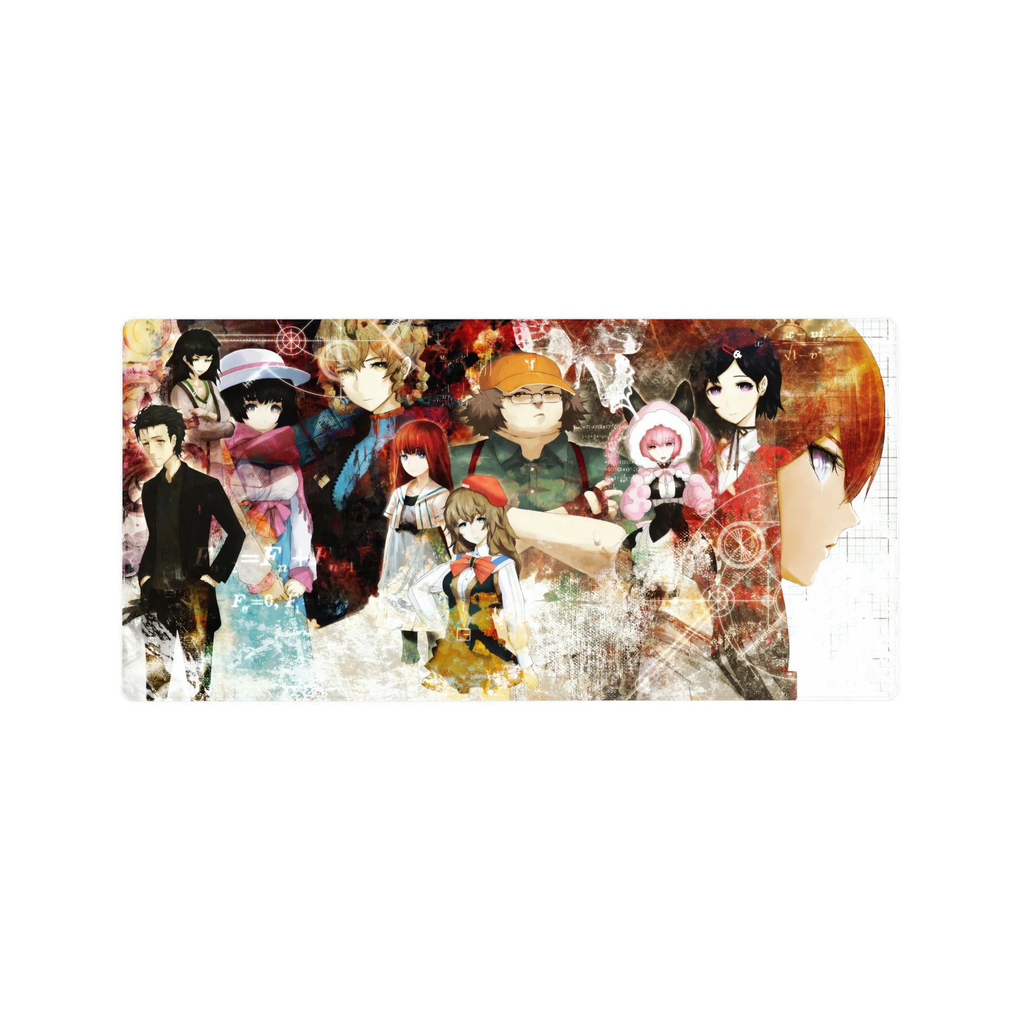 32x16 inches anime mouse pad with scientist collage, equations, gears, and glitch textures on rust cream tones.