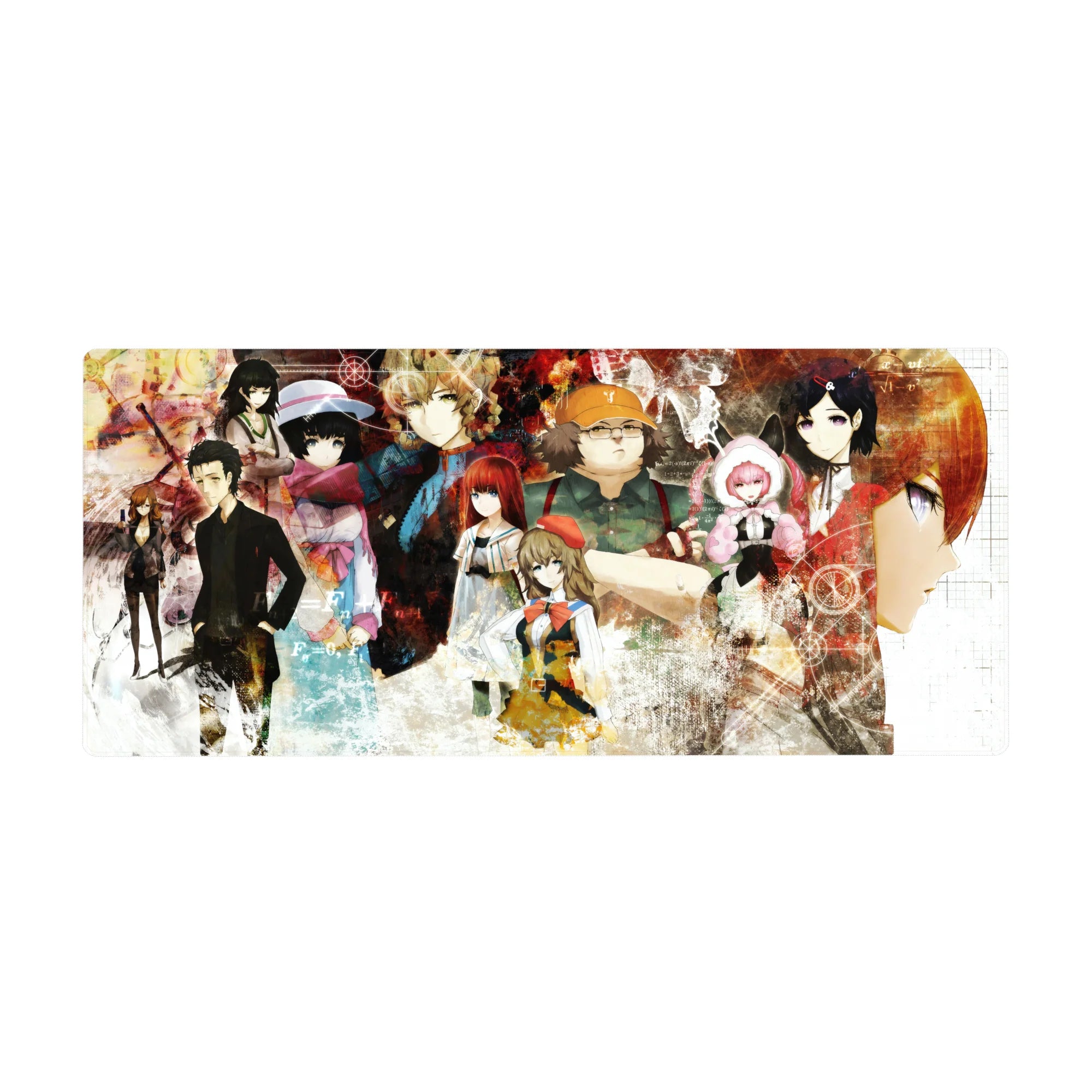 Anime desk pad 36x16 inches with collage of scientists, gears, equations, and glitch textures.