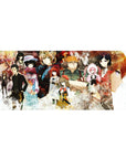Anime desk pad 36x16 inches with collage of scientists, gears, equations, and glitch textures.