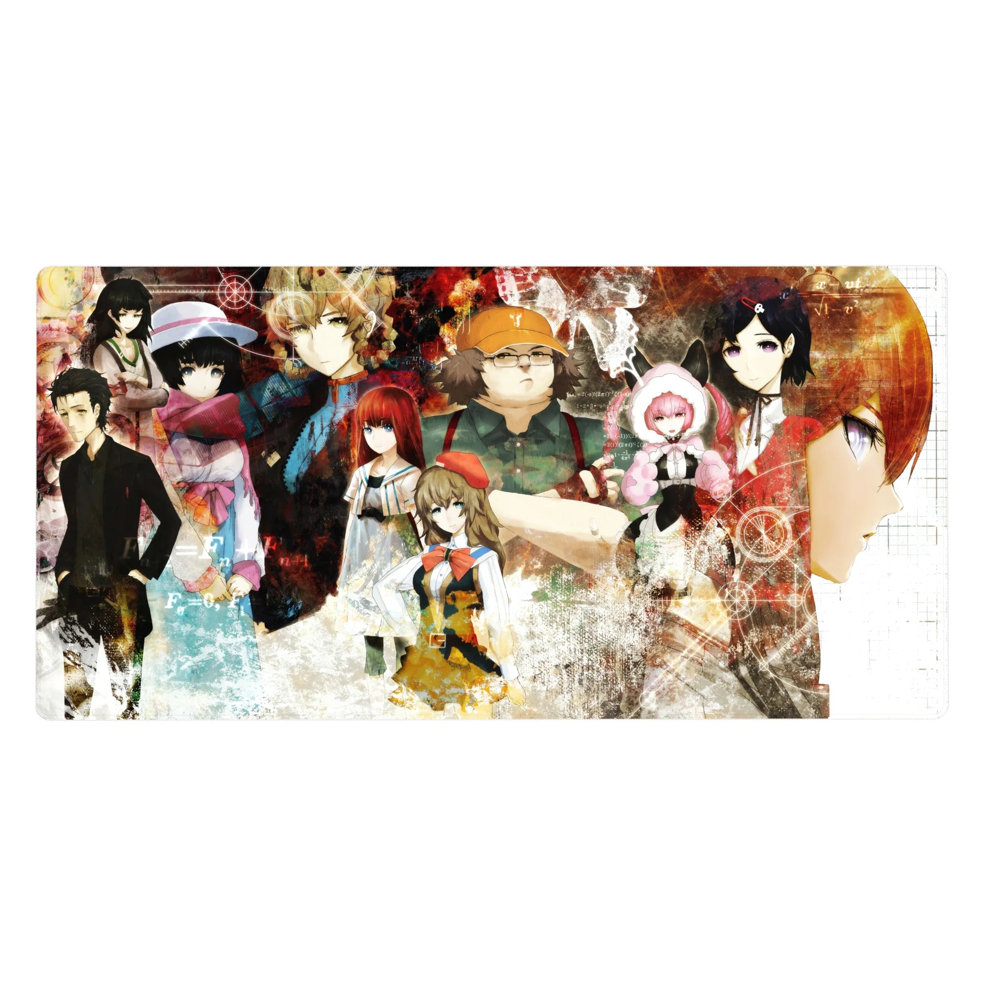 Anime collage desk pad 40x20 inches with scientist, girl in pink hat, hoodie figure, gears and equations.