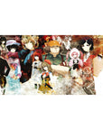Anime collage desk pad 40x20 inches with scientist, girl in pink hat, hoodie figure, gears and equations.