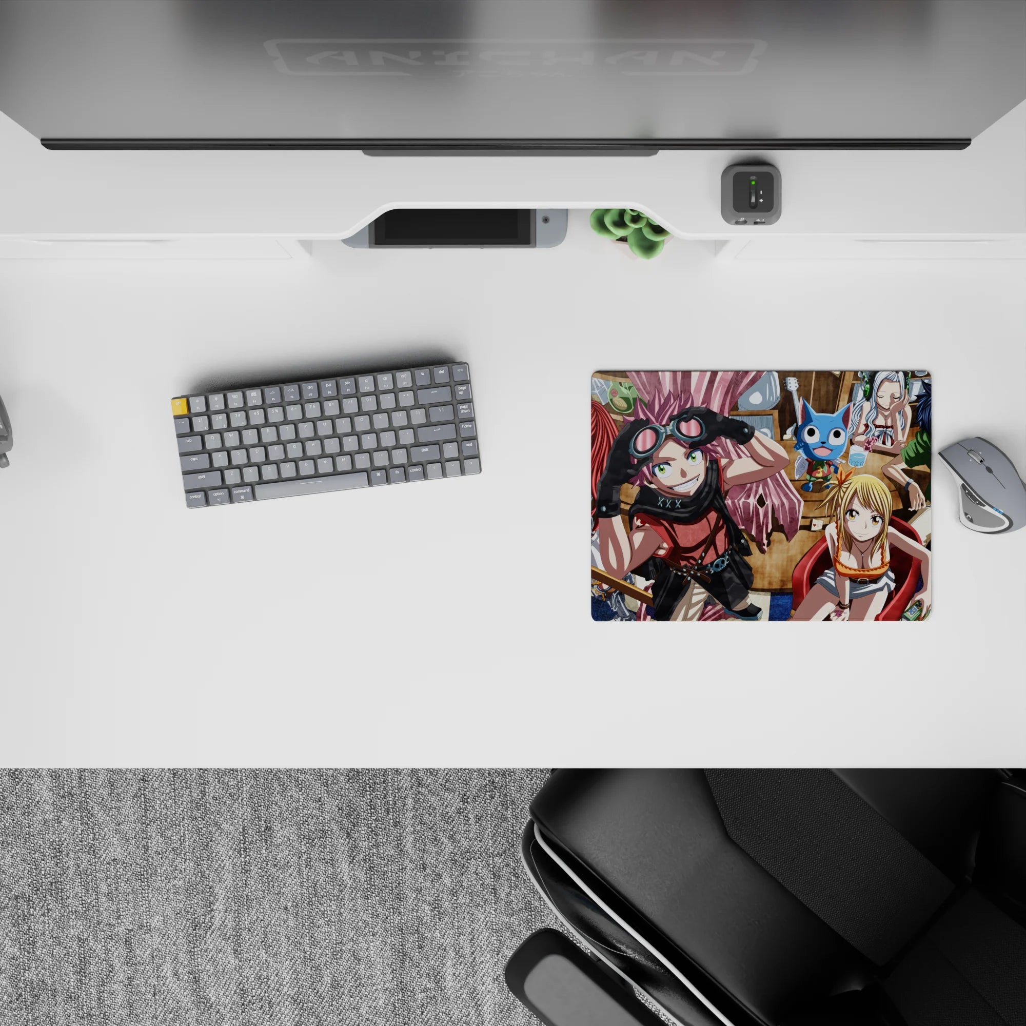 Warm café tones with bright pink scarf, red chair, shiny silver armor anime mouse pad, 14x10 inches.