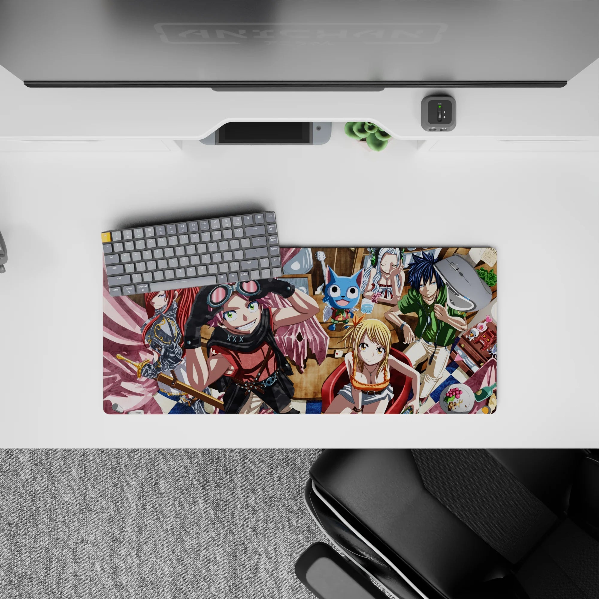 Colorful anime mouse pad 28x12 inches with warm café tones, bright scarf pink, shiny armor, and cozy clutter.