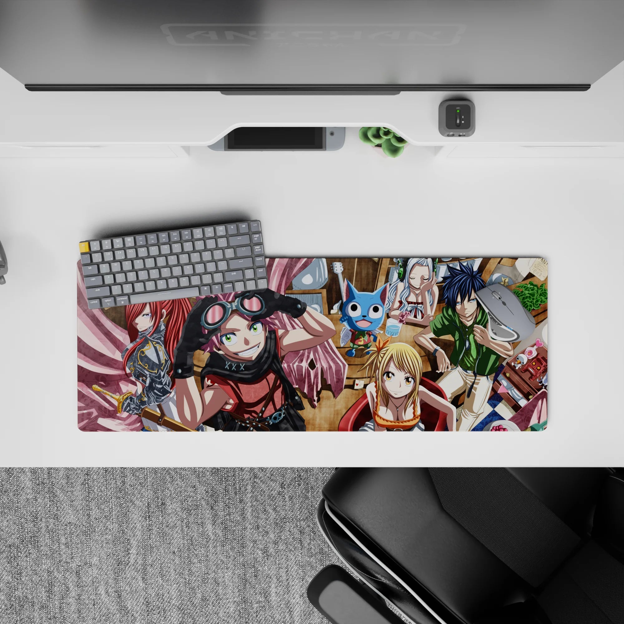Warm café tones with bold pink scarf and bright reds on an anime mouse pad 32x12 inches, lively and cozy.