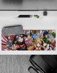 Warm café tones with bold pink scarf and bright reds on an anime mouse pad 32x12 inches, lively and cozy.