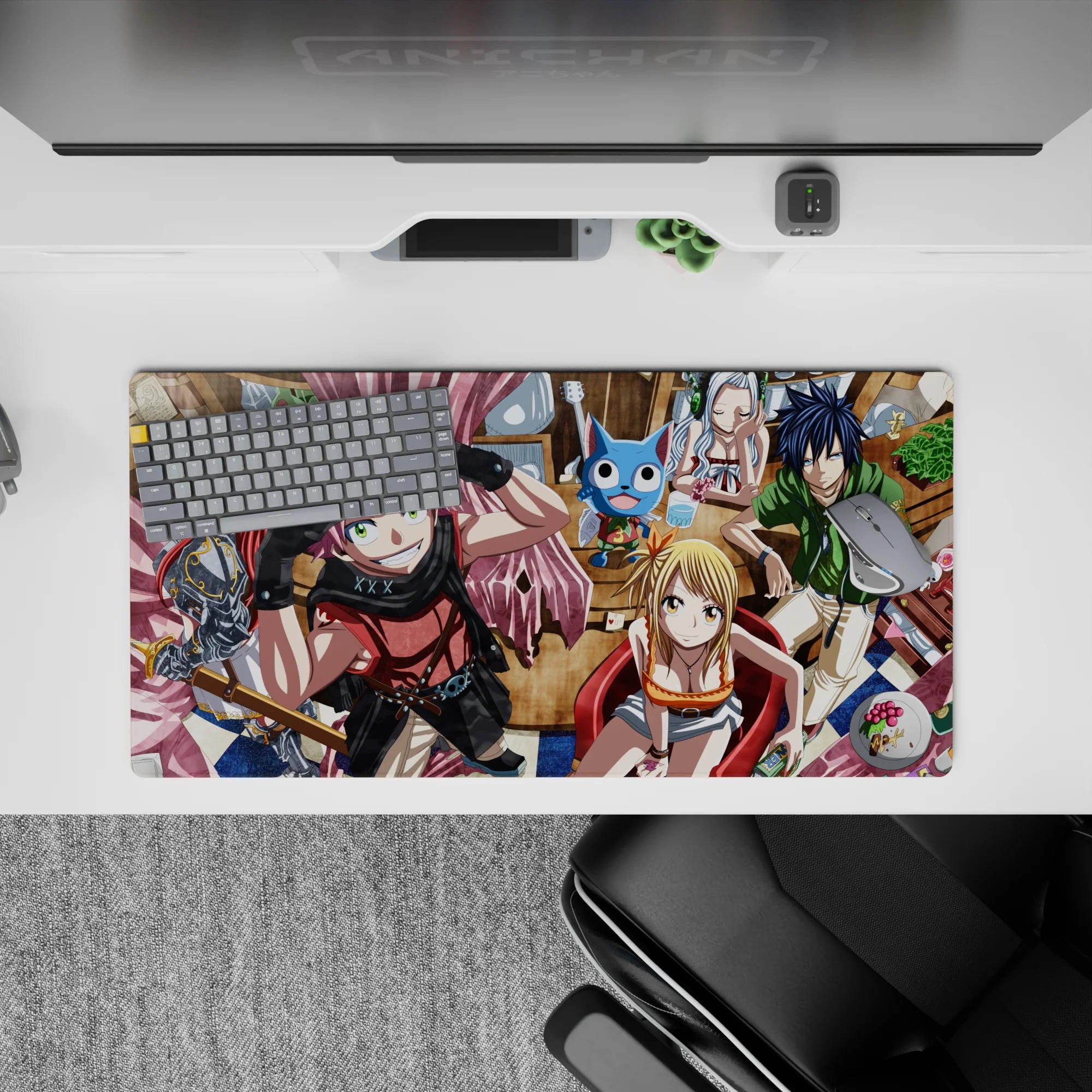 Vibrant warm café tones anime mouse pad 32x16 inches with pink scarf pop, bright blond, and shiny armor.