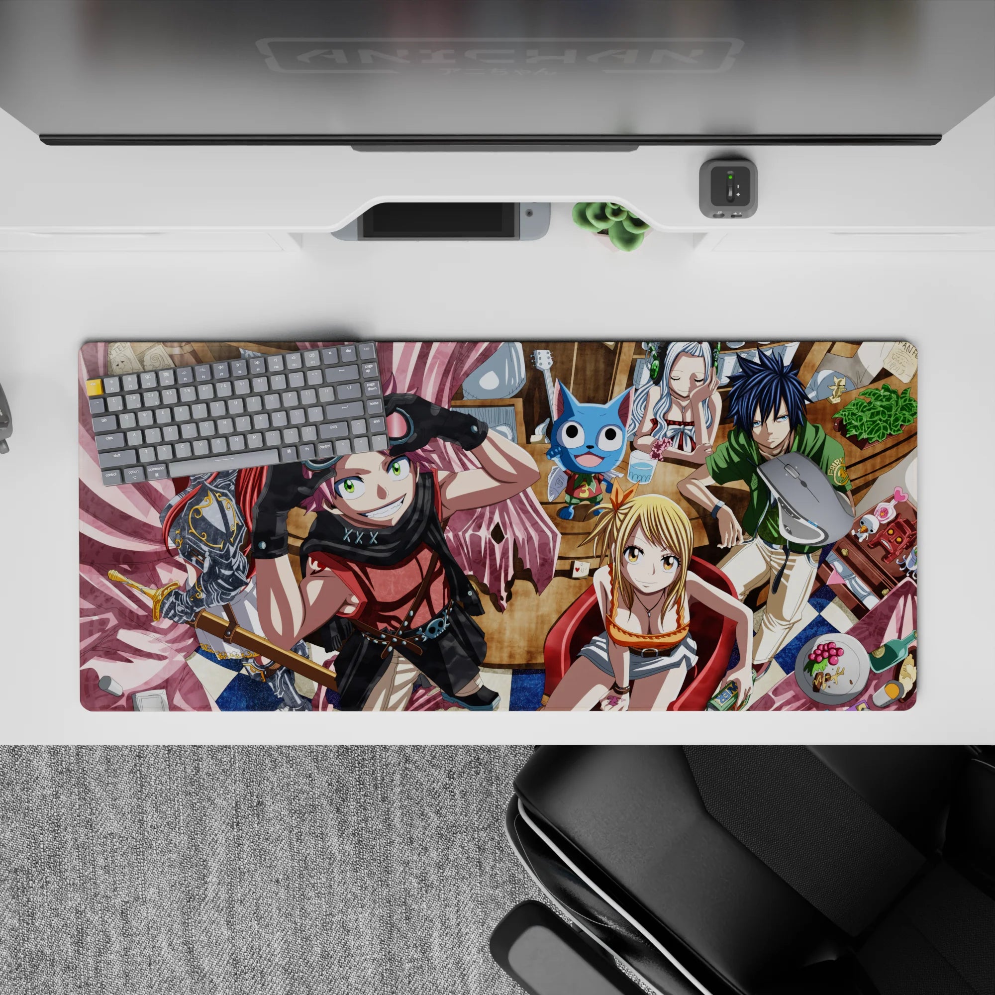 Warm café tones with bold pink scarf and bright reds, cheerful anime desk pad 36x16 inches.