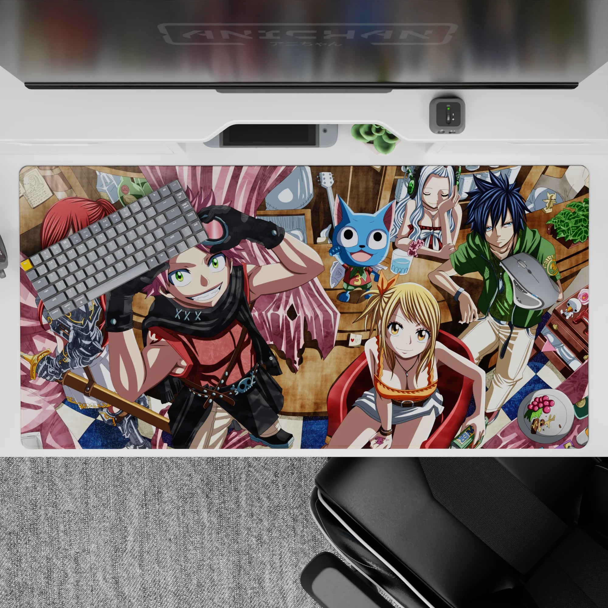 Warm cafe tones anime desk pad 40x20 inches with bright scarf, silver armor shine, and lively color.