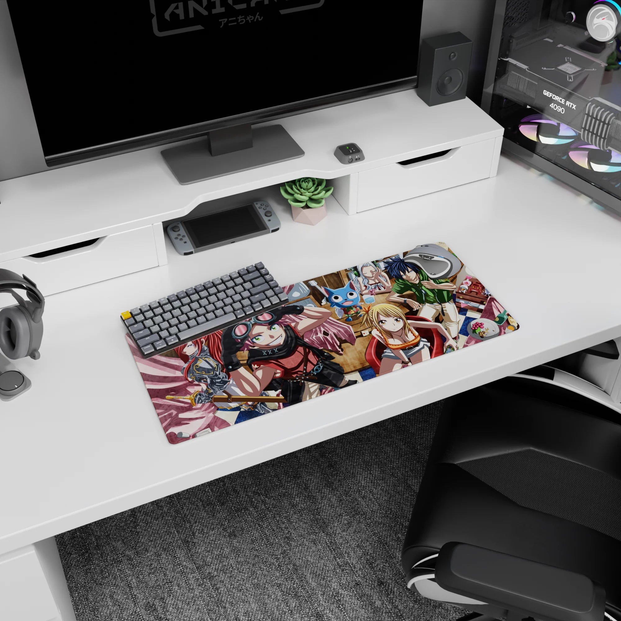 Natsu grinning with goggles and pink scarf beside Lucy in a red chair on an anime mouse pad 28x12 inches.
