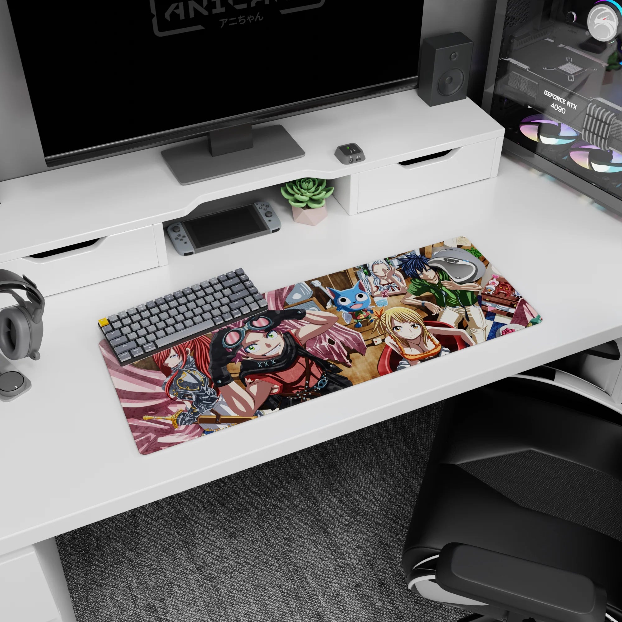 Natsu grinning with goggles up beside Lucy in a red chair on a Fairy Tail mouse pad 32x12 inches.