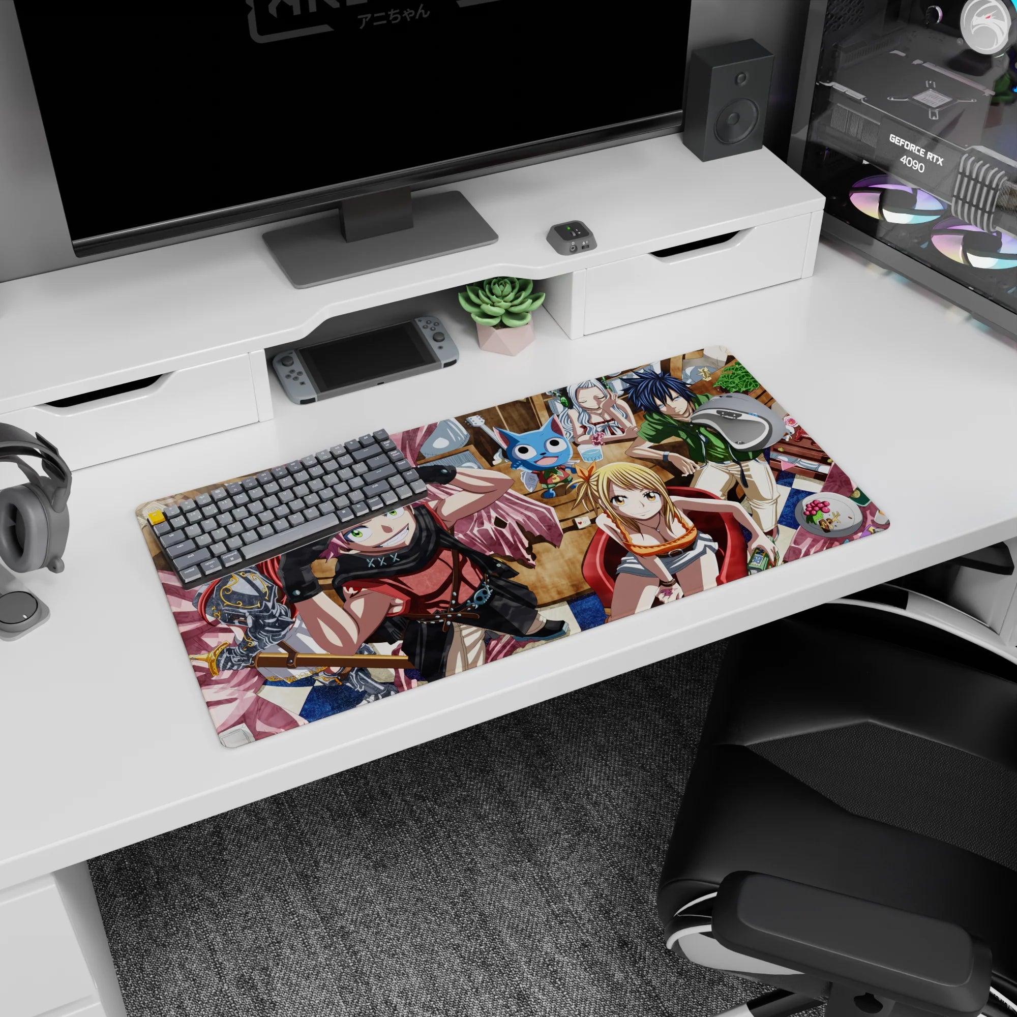 Natsu grinning with goggles up and scarf beside Lucy at a café on an anime mouse pad 32x16 inches.