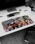Natsu grinning with goggles up and scarf beside Lucy at a café on an anime mouse pad 32x16 inches.