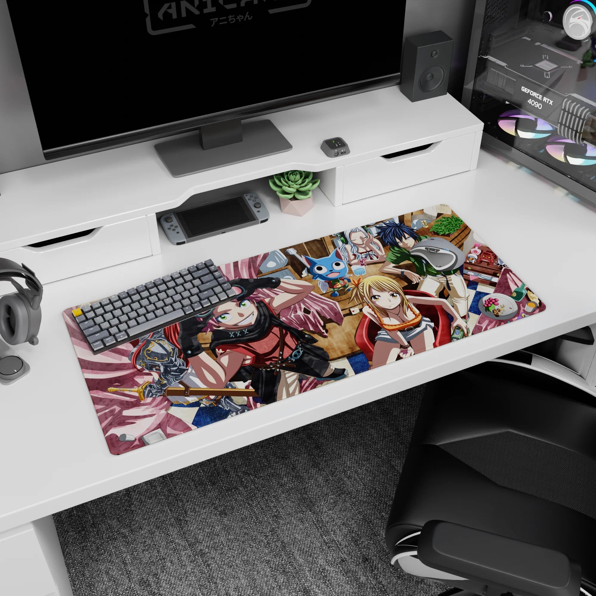 Natsu grinning with goggles and pink scarf beside Lucy in red chair, anime desk pad 36x16 inches.