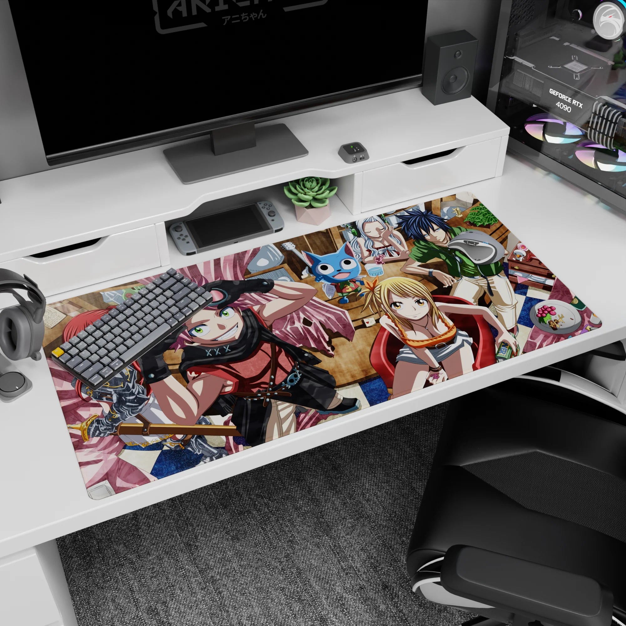Natsu grinning with goggles up and pink scarf beside Lucy in a red chair on a 40x20 inches desk pad.