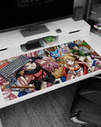 Natsu grinning with goggles up and pink scarf beside Lucy in a red chair on a 40x20 inches desk pad.