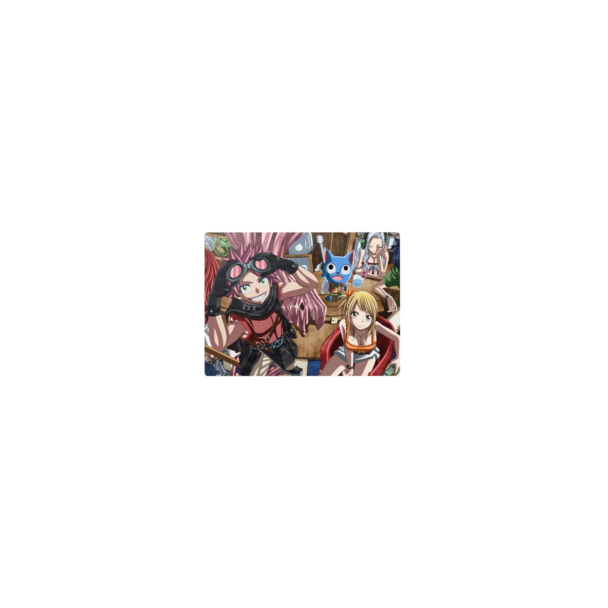 Fairy Tail crew café desk scene mouse pad, Natsu Lucy Gray Erza and Happy, 14x10 inches.