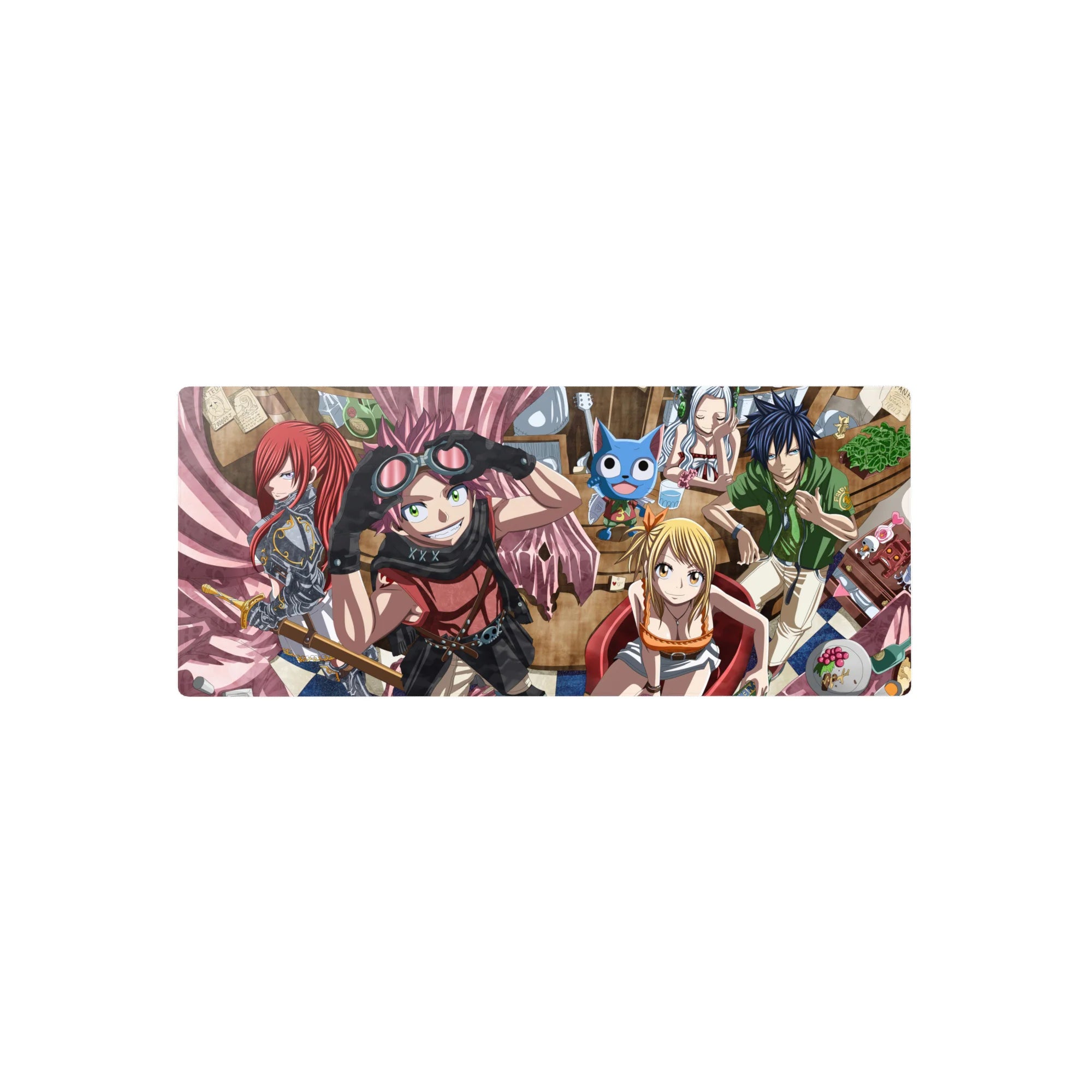 Fairy Tail crew anime mouse pad 28x12 inches with Natsu, Lucy, Gray, Erza, and Happy in a café scene.