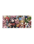 Fairy Tail crew anime mouse pad 28x12 inches with Natsu, Lucy, Gray, Erza, and Happy in a café scene.